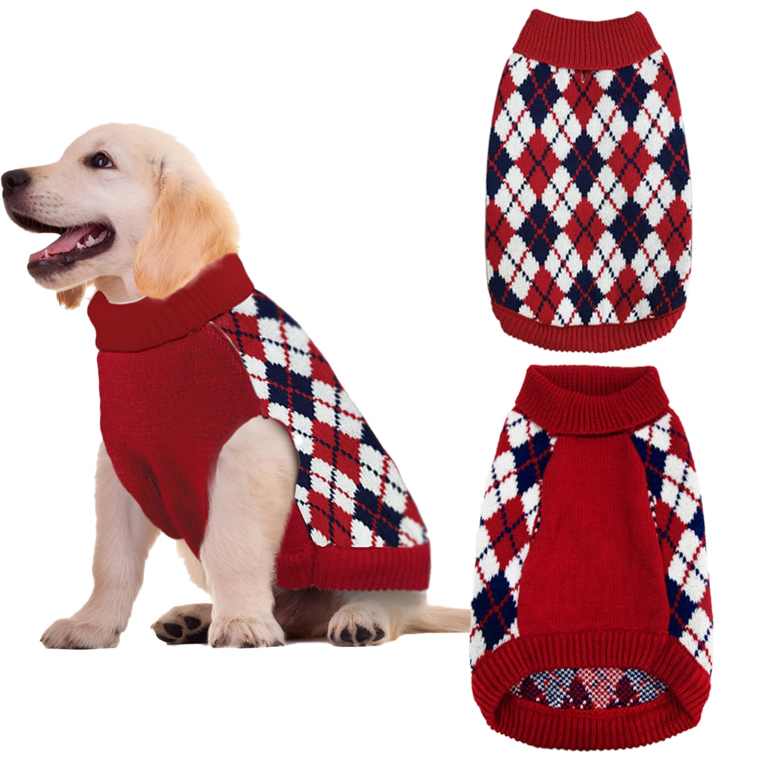 Dog Sweater Knitted Pet Clothes Classic Winter Outfit with Plaid Red Argyle Patterns Warm Dog Turtleneckr Sweatshir for Small Me