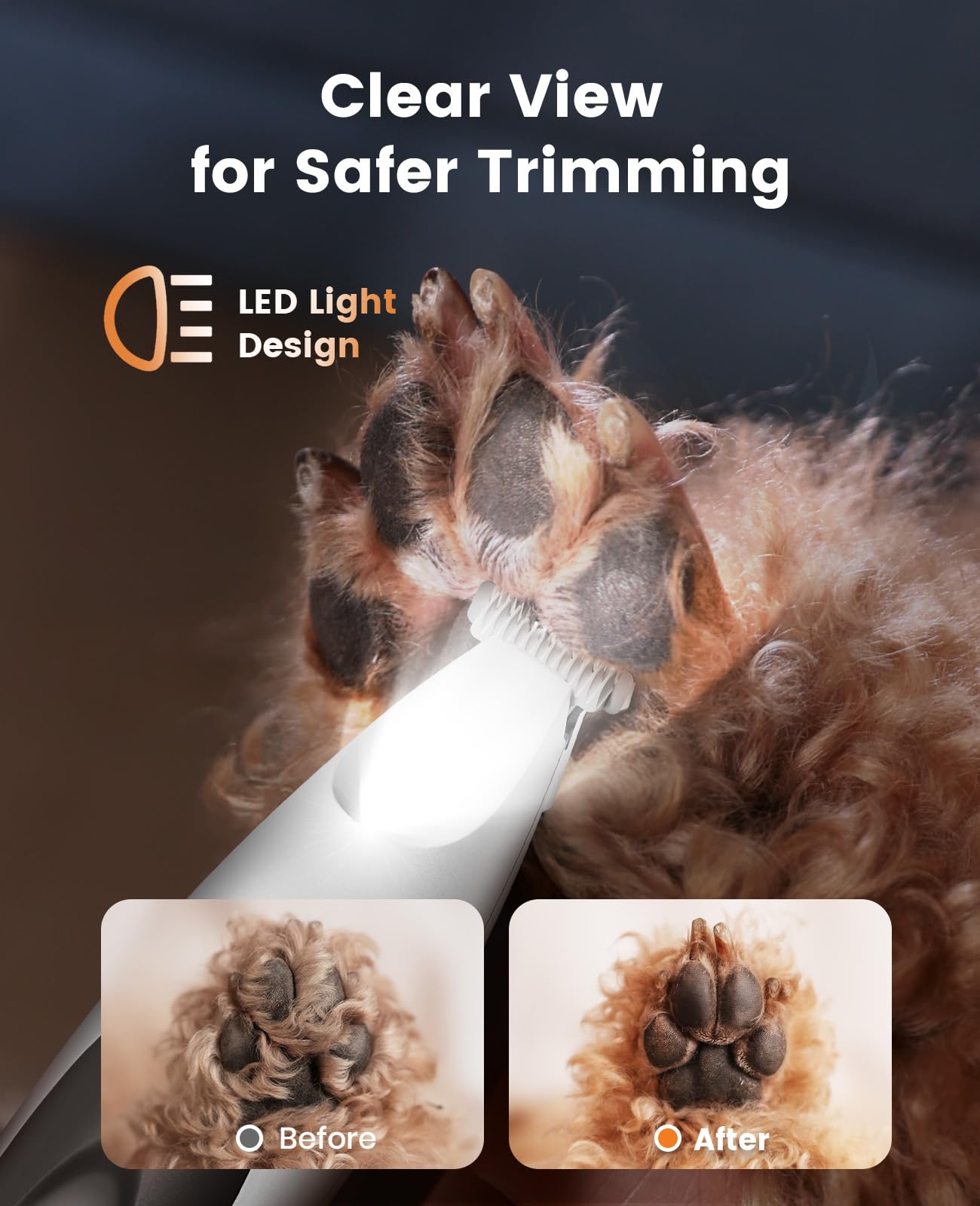 oneisall Low Noise Dog Paw Trimmer with LED Light, Paw Trimmer for Dogs 0.8inch Widen Blade, 35dB Cordless Electric Pet Paw Groo