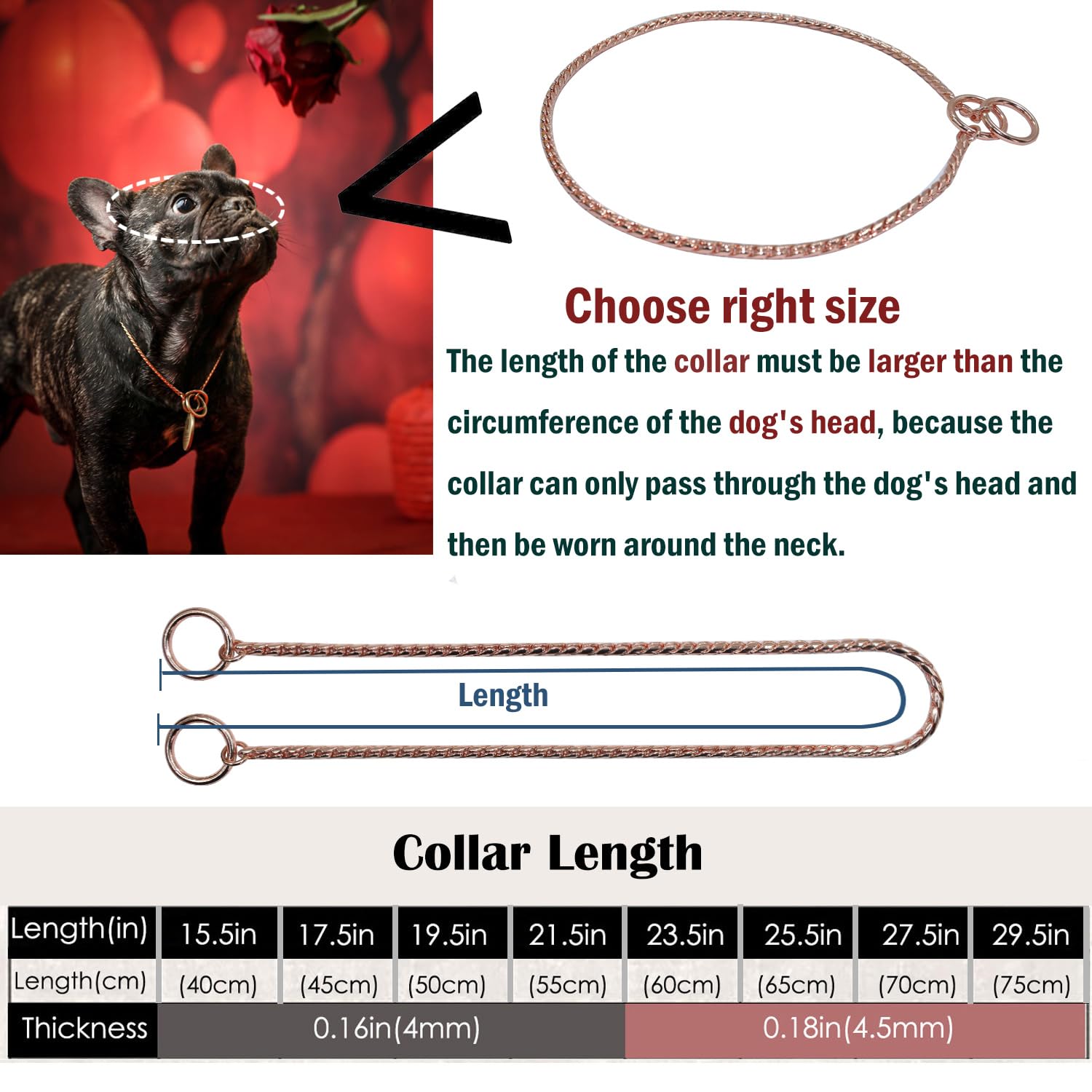 Ximipet Heavy Duty Dog Choke Collar Slip Dog P Chain Snake Collar Plating Anti-Rust Dog Training Collars For Small Large Dogs Black/Gold/Silver/Rose Gold 15.5In-29.5In (19.5In, Black)