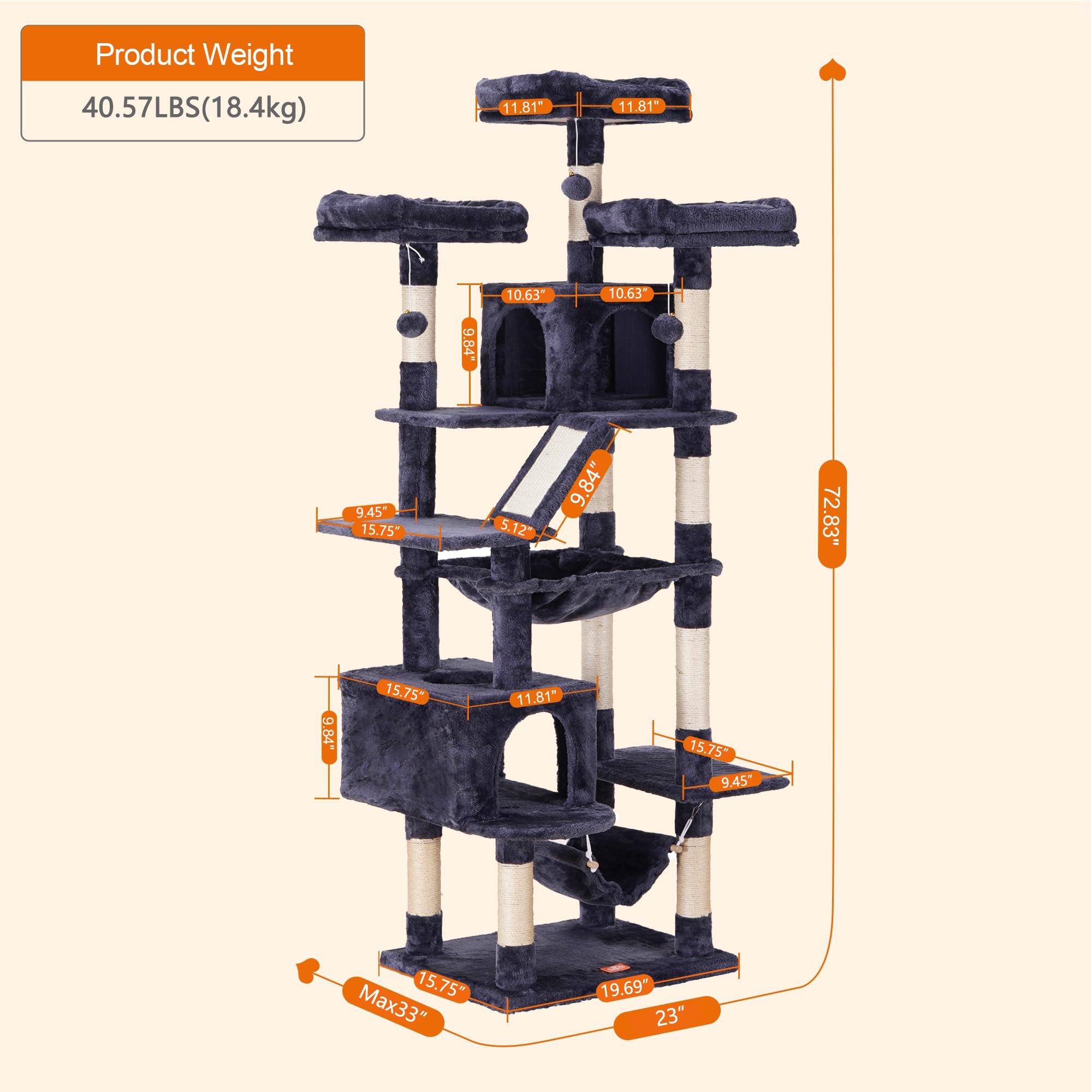 Heybly Cat Tree, 73 Inches Tall Cat Tower For Large Cats 20 Lbs Heavy Duty For Indoor Cats,Big Cat Furniture Condo For With Padd