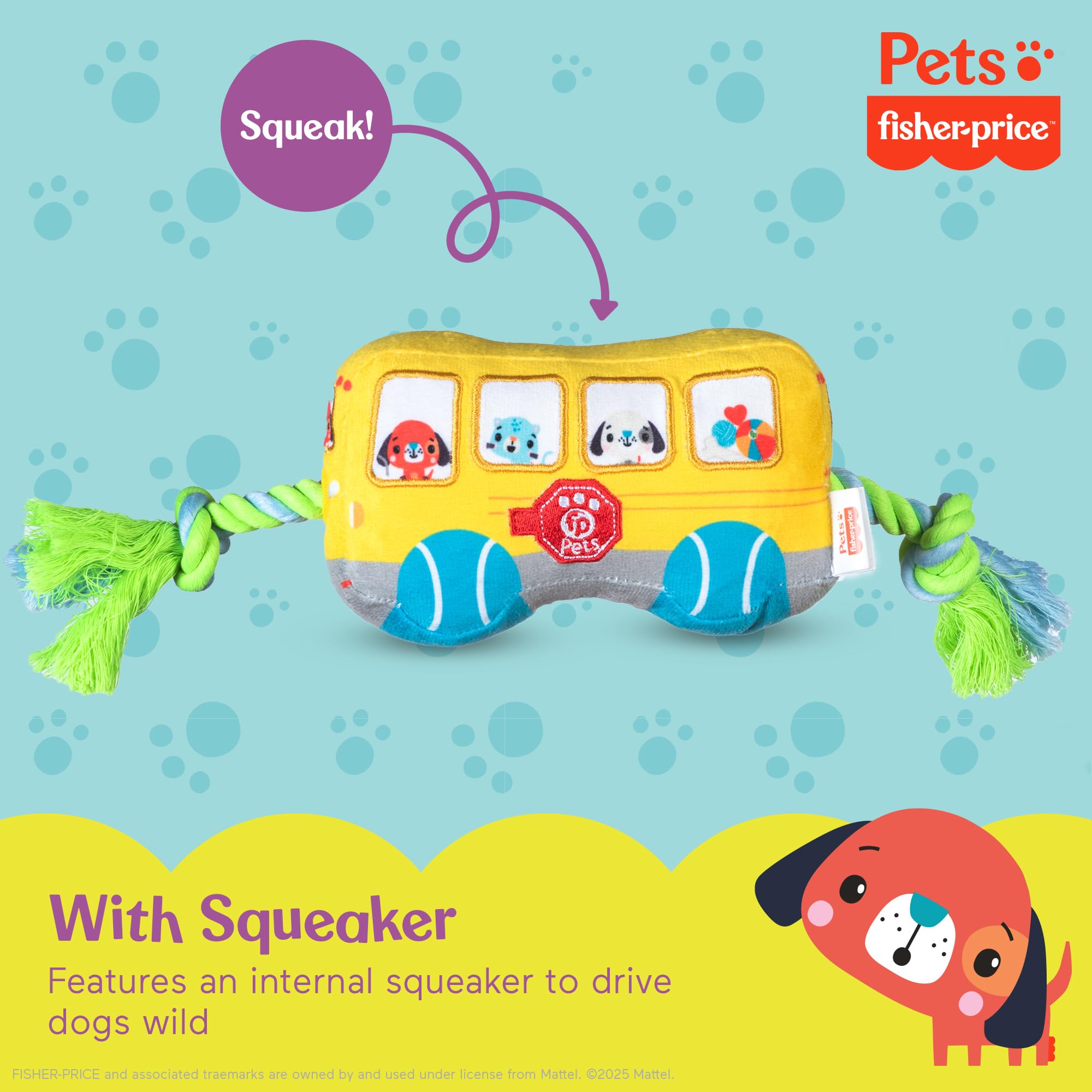 Fisher-Price for Pets School Bus Rope Toy for Dogs, Dog Tug Toy with Rope, Plush Dog Toy with Squeaker Inside, Developmental Dog