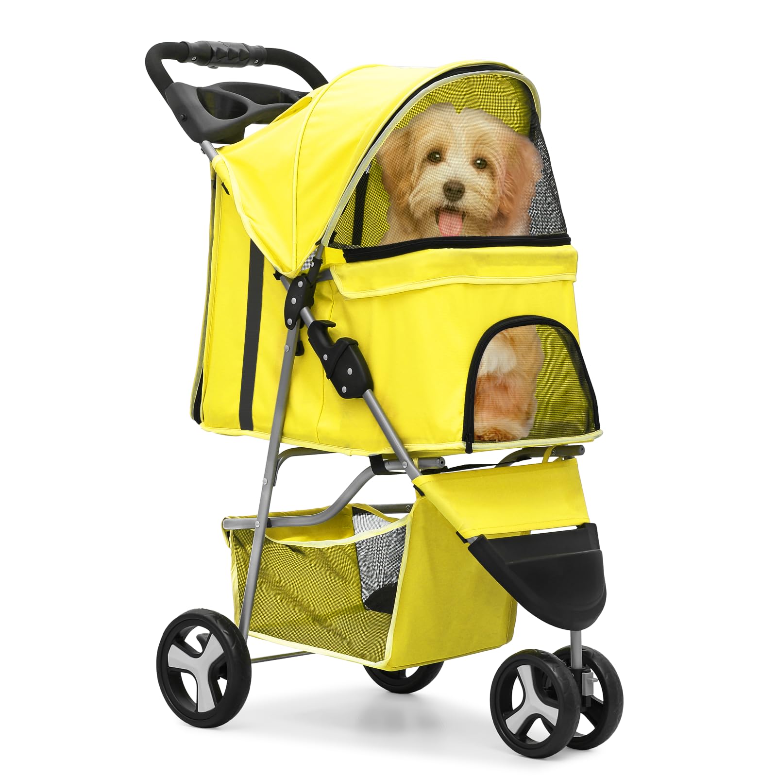 Monibloom Foldable Pet Stroller With Waterproof Cover, 3-Wheels Dog Strolling Cart For Small/Medium Dogs And Cats With Storage Basket And Cup Holder, Breathable And Visible Mesh For All-Season, Yellow