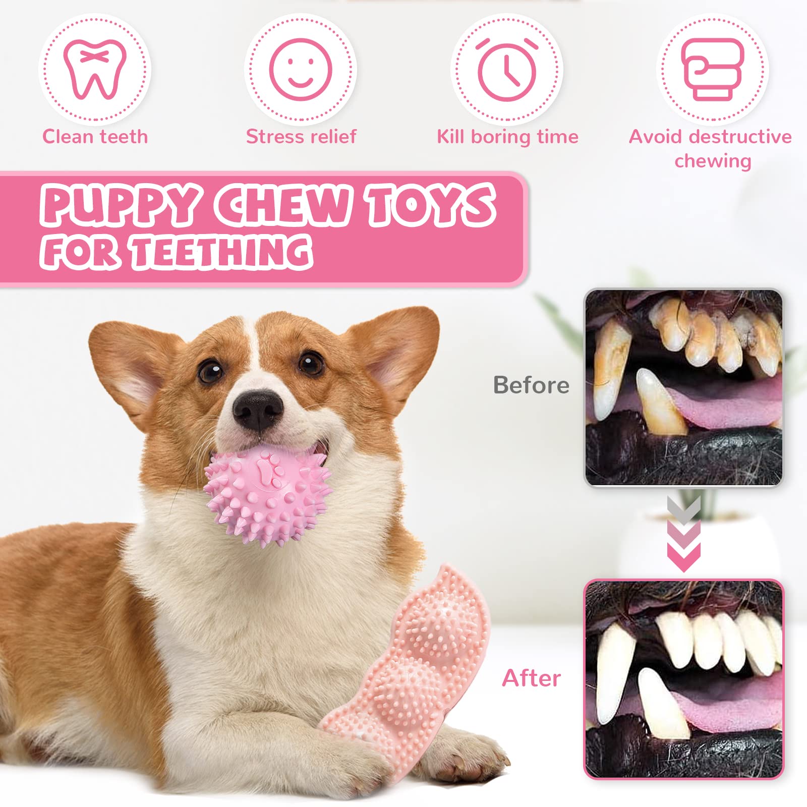 ABRRLO 6 Pack Puppy Teething Toys Cute Pink Puppy Chew Toys for Teething Small Breed Dog Chew Toy Interactive Pet Toy Set for Pu