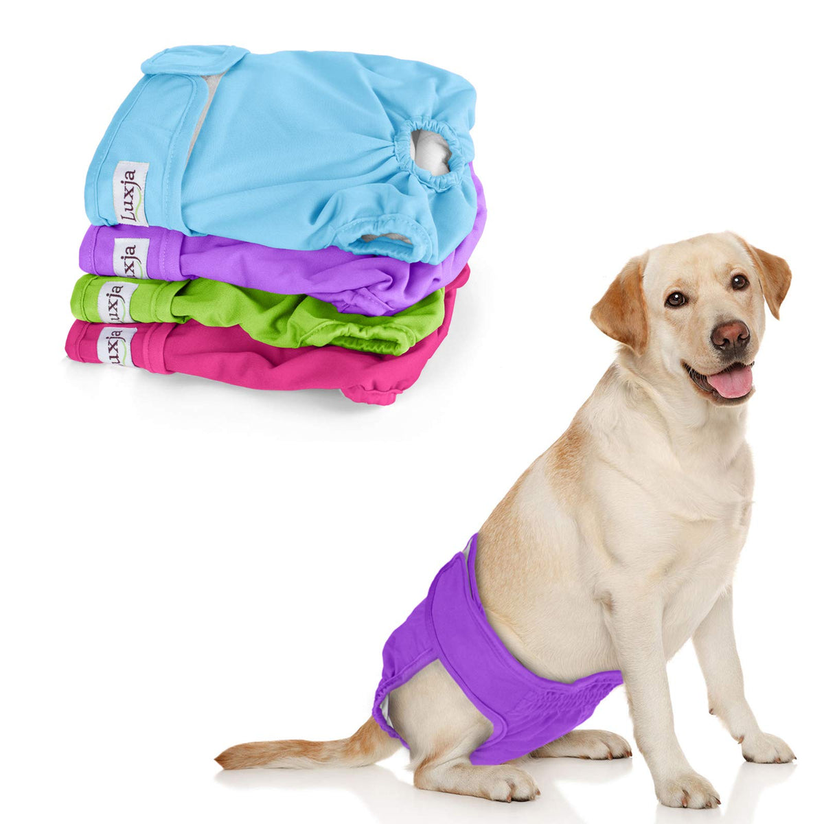 Luxja Reusable Female Dog Diapers (Pack Of 4), Washable Wraps For Female Dog (Medium, Sky Blue+Purple+Green+Rose Red)