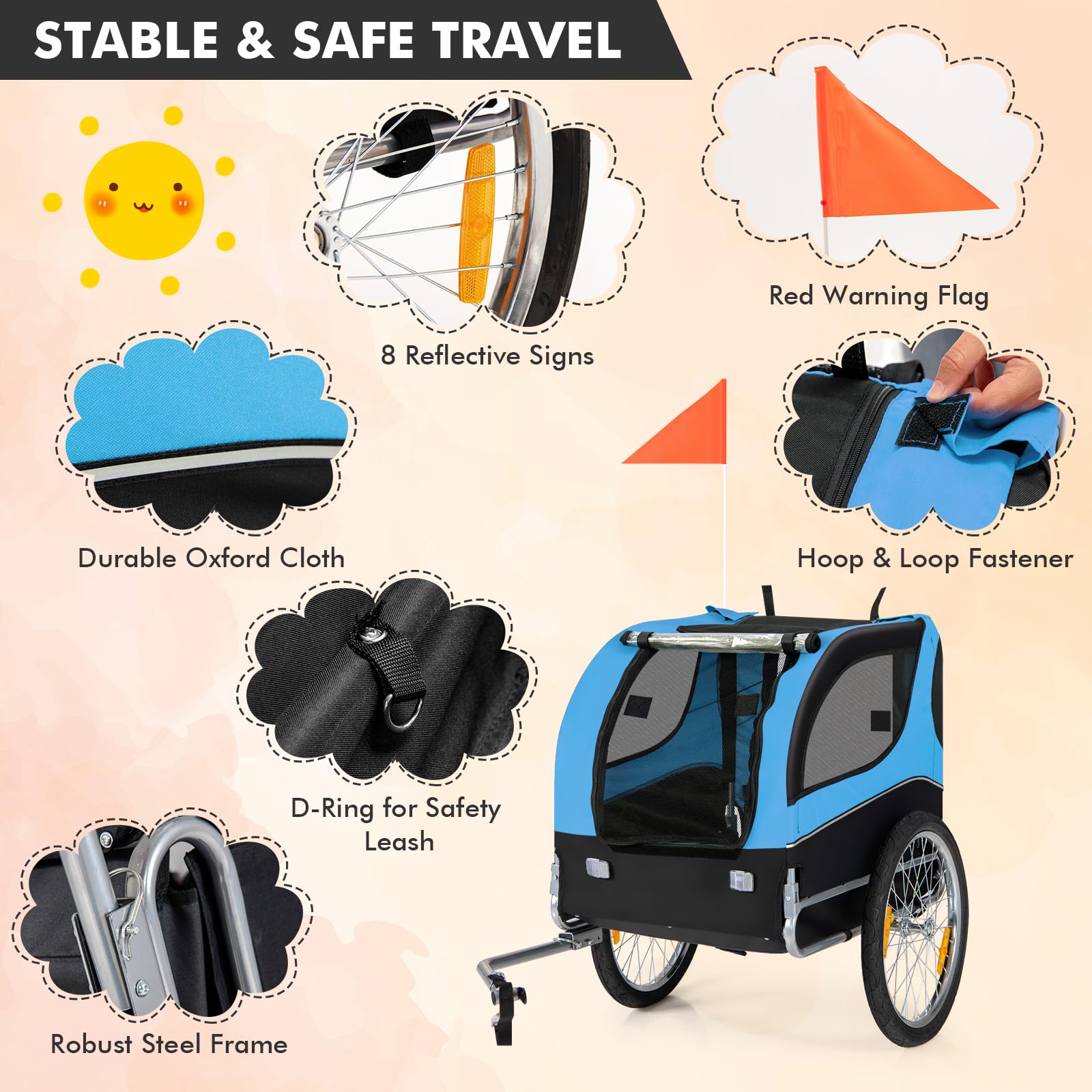 Tangkula Dog Bike Trailer, Breathable Mesh Dog Cart With 3 Entrances, Safety Flag, 8 Reflectors, Folding Pet Carrier Wagon With 20 Inch Wheels, Bicycle Carrier For Medium And Small Sized Dogs (Blue)