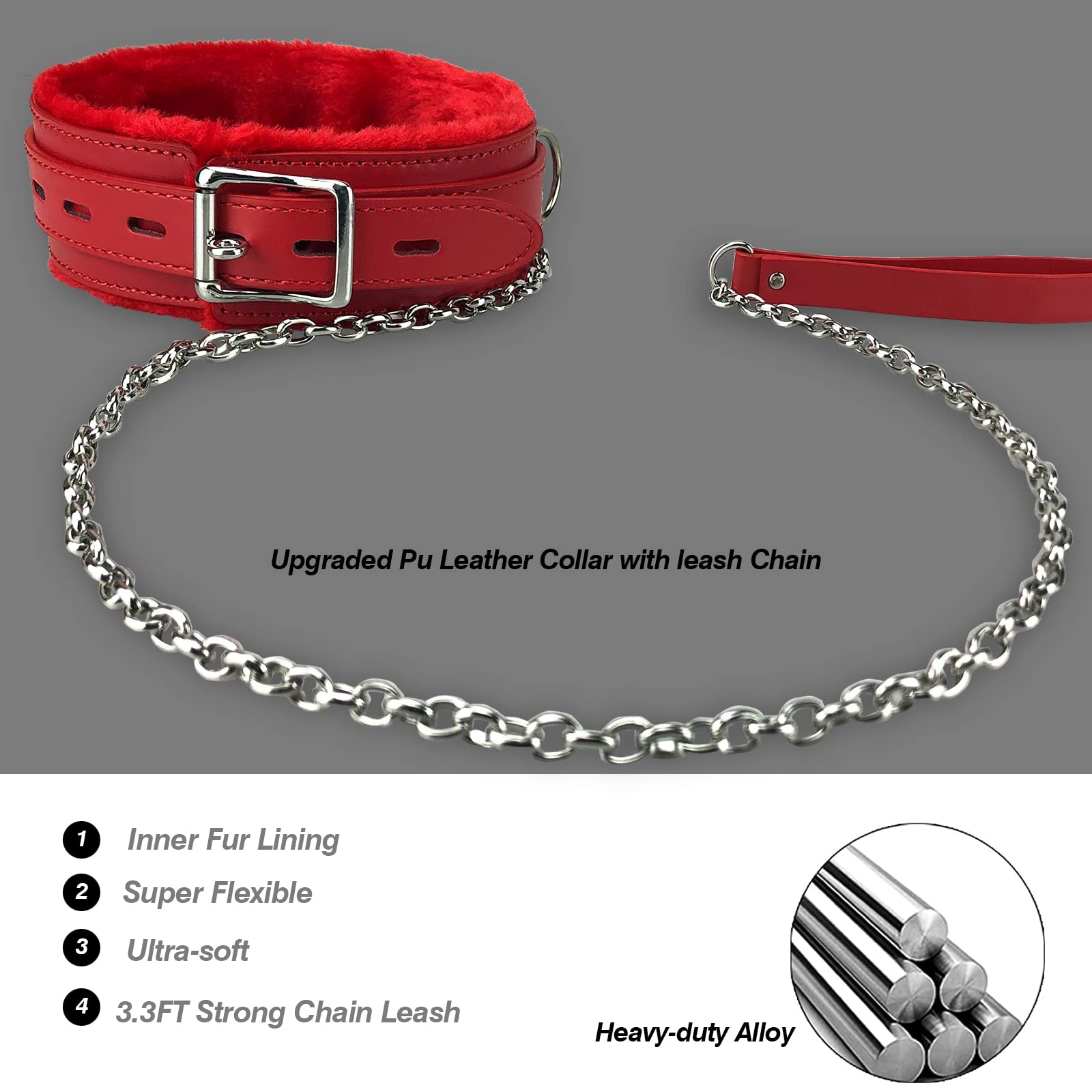 Gothic Leather Choker Collar, Pu Leather Fur Lined Pet Collars Necklace With Long And Durable Detachable Leash Chain Pet Collars