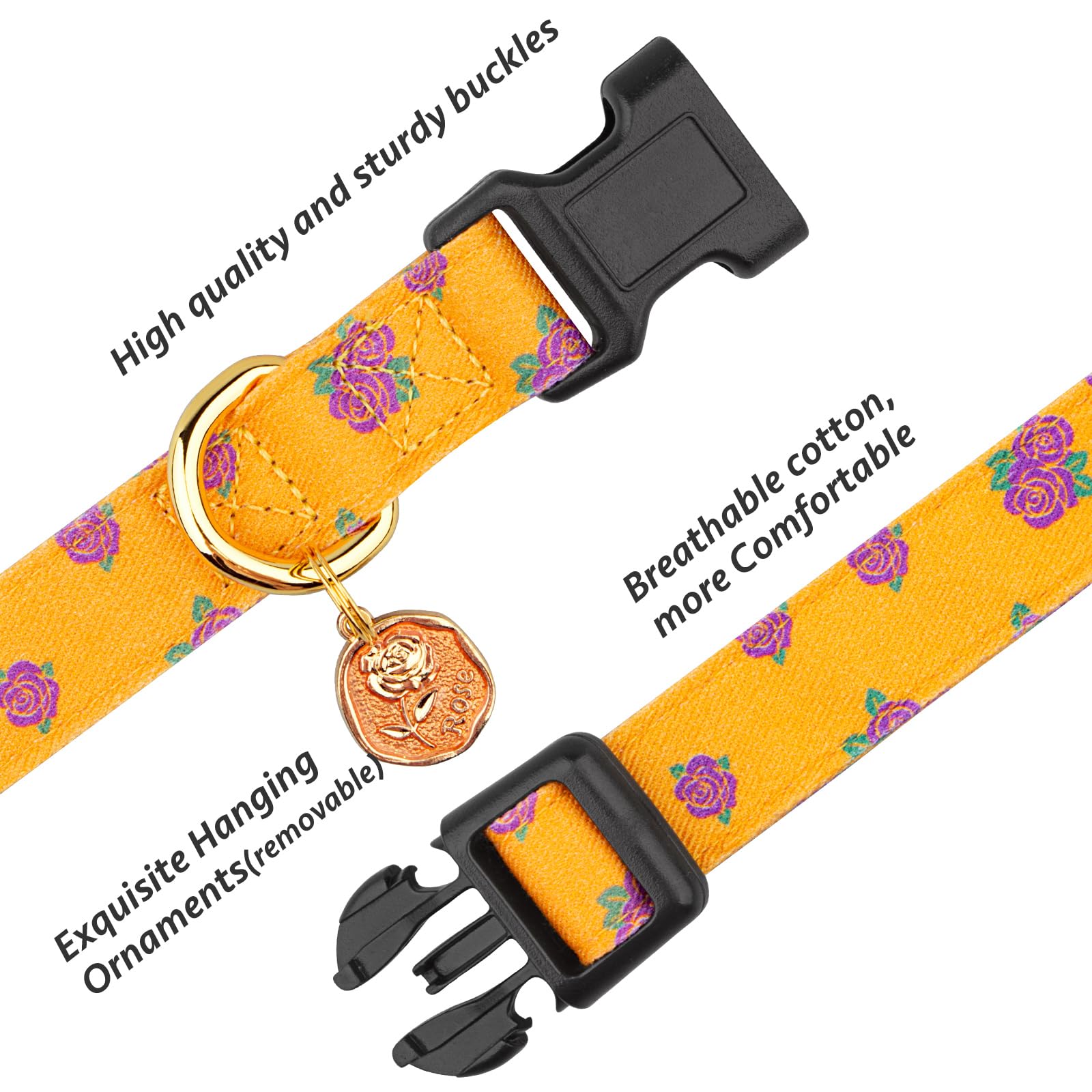 Cotton Handmade Dog Collar Cute And Distinctive Patterns Yellow Rose With Pendant For Girl Boy Dogs Collars L