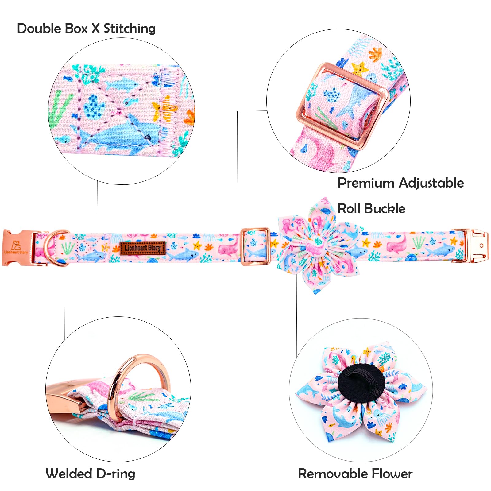 Lionheart Glory Dog Collar Flower Collar Pink Dog Collars With Flower Summer Cute Sea Animals Print Collar Dog Female Soft Durab