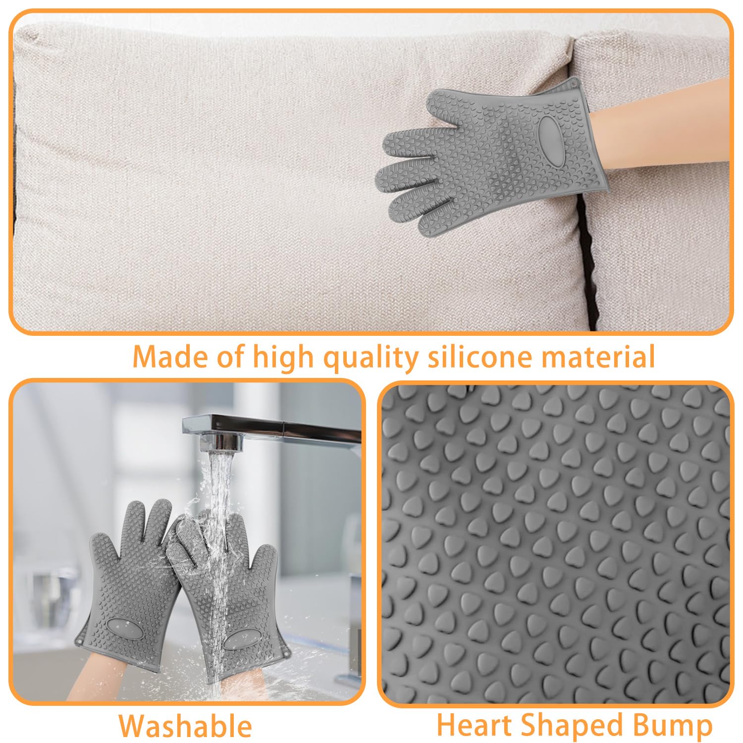 Pet Hair Remover Gloves - Sticker Gloves Clean Pet Hair On Furniture With Ease, Suitable For Soft And Irregular Surfaces. Such As Sofas, Pillows, Mattresses, Cat Trees. (Silicone, Grey(2 Pcs)