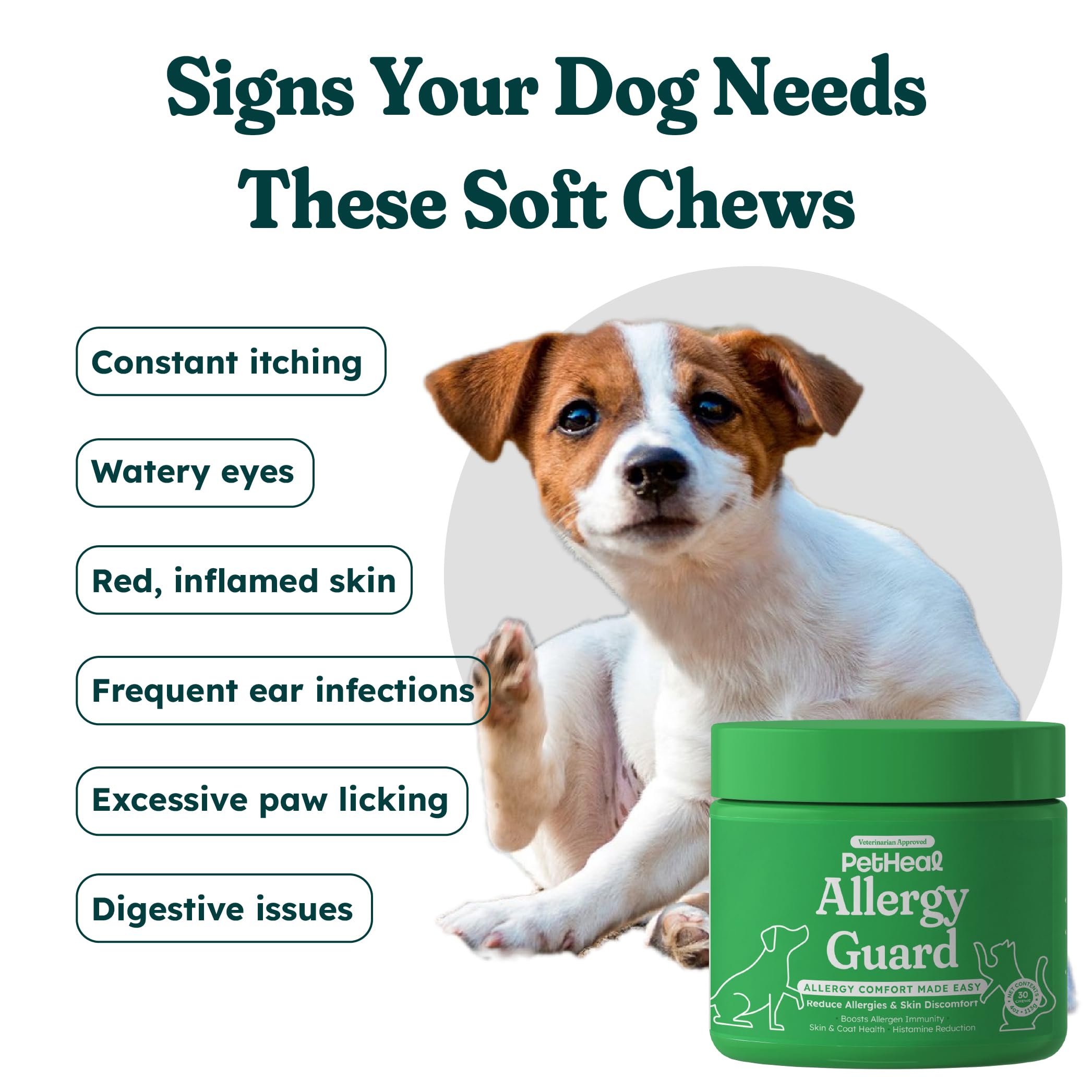 PetHeal Allergy Guard Chews for Dogs - 30 Soft Chews with Colostrum, Salmon Oil & Probiotics - Supports Immune & Skin Health