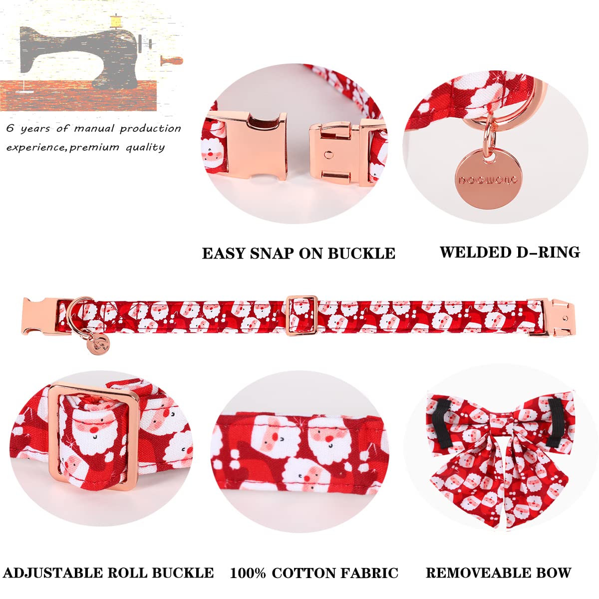 Dogwong Christmas Dog Collar With Sailor Bow, Red Santa Claus Dog Collar Soft Durable Adjustable Cotton Puppy Collar For Small M