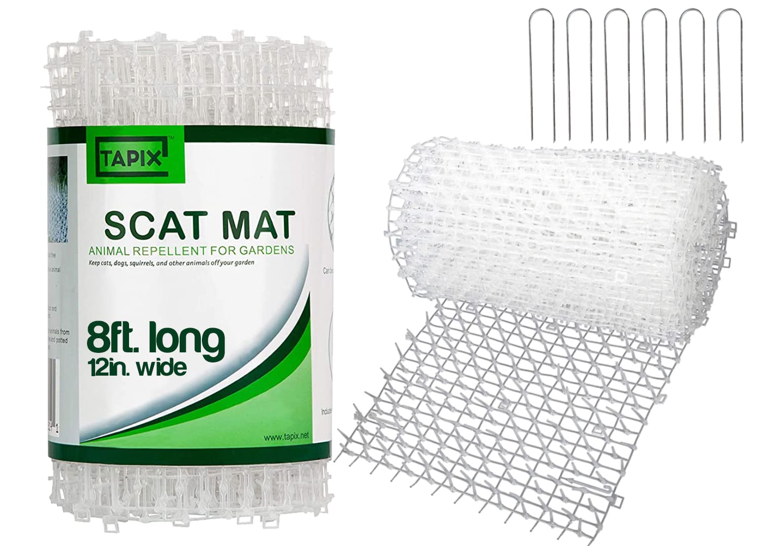 Cat Scat Mat Clear (8 Ft.) With 6 Staples, Anti-Cat Network With Spikes Digging Stopper - Cat Deterrent Mat For Indoor And Outdoor