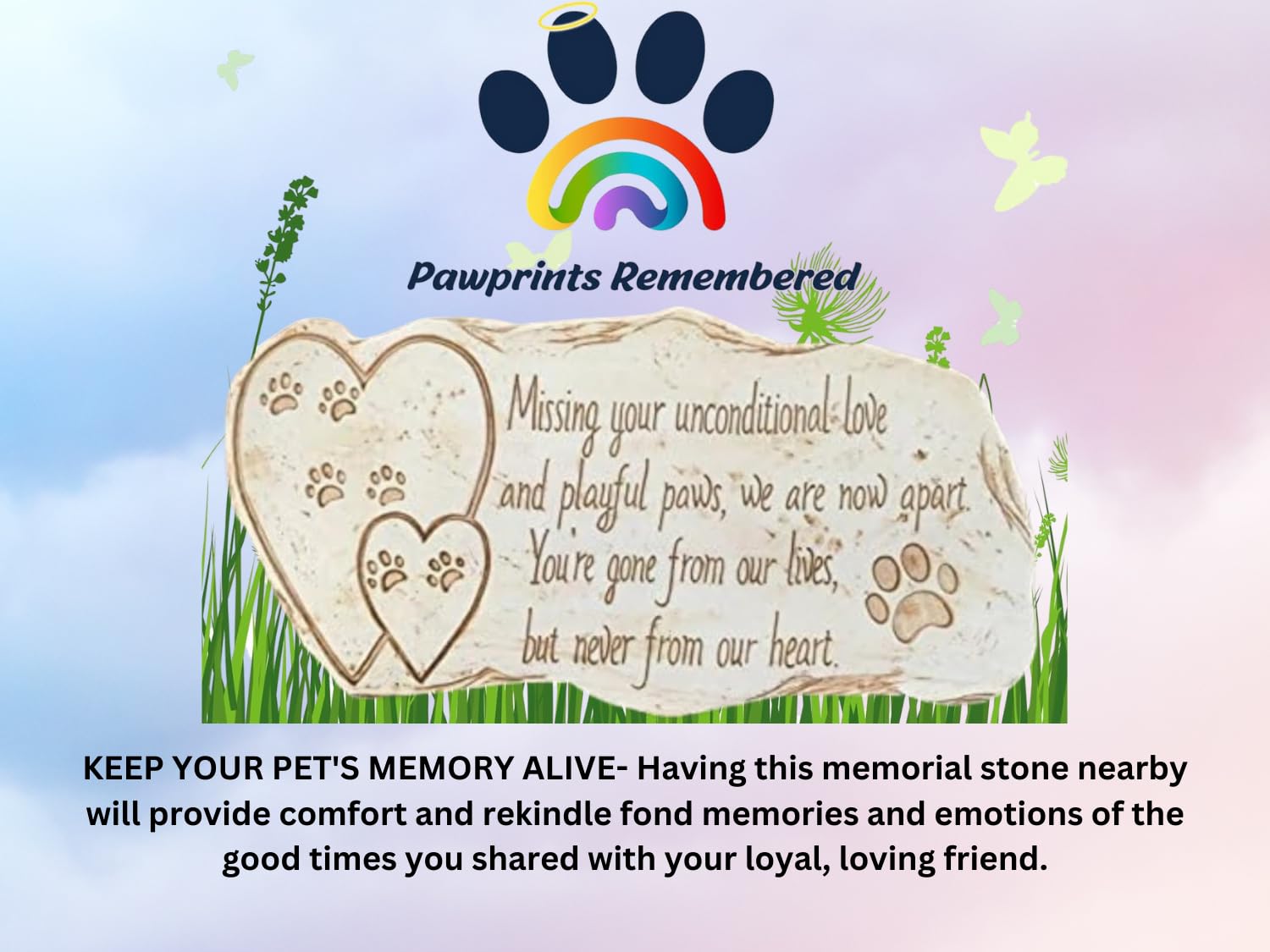 Pawprints Remembered Pet Memorial Stone Marker For Dog Or Cat - For Outdoor Garden, Backyard, Or Lawn. Pet Grave Headstone Tombs
