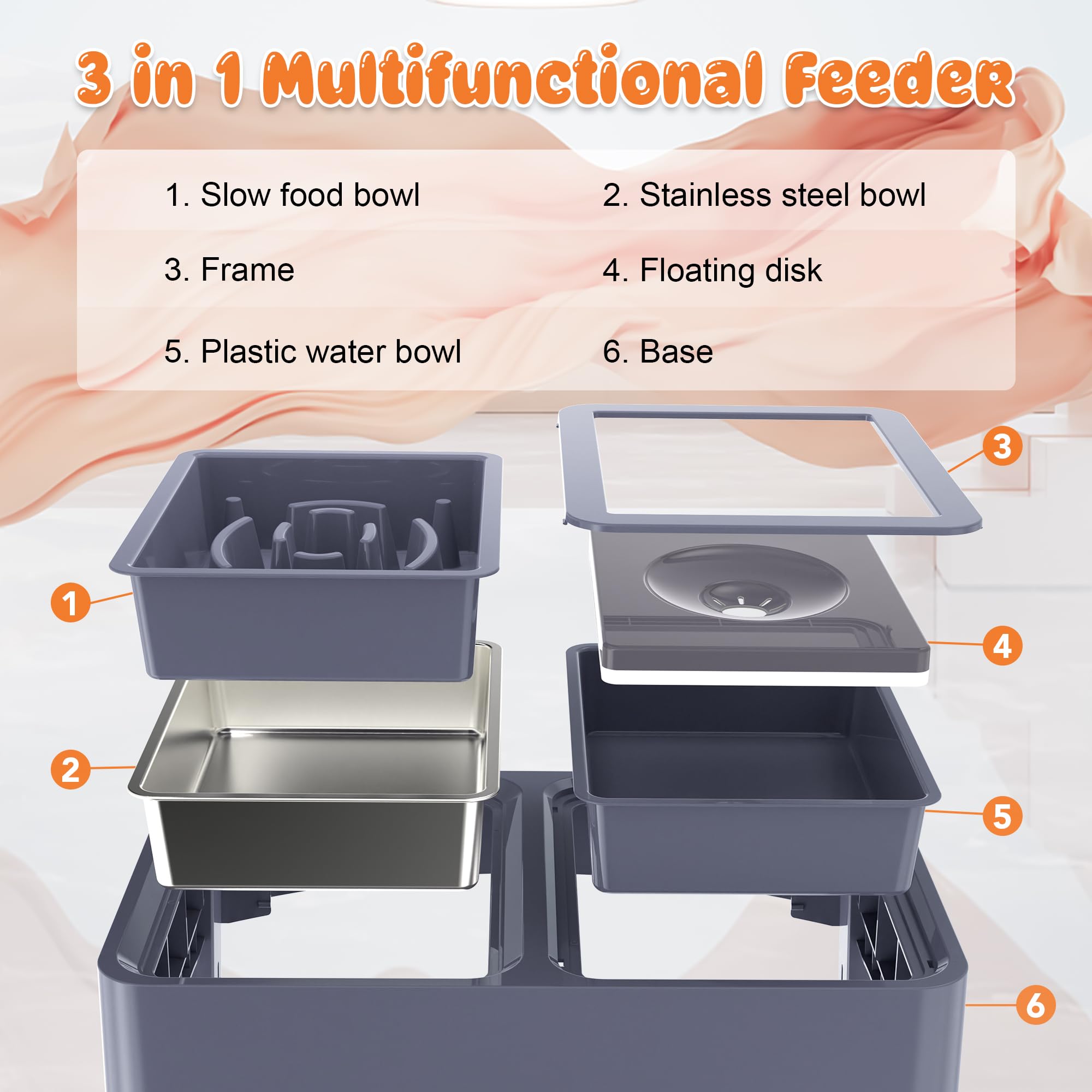 Decflow 3-In-1 Elevated Dog Bowls - 4 Height Adjustable, Stainless Steel, Slow Feeder, No Spill Water Bowl, Foldable For Medium
