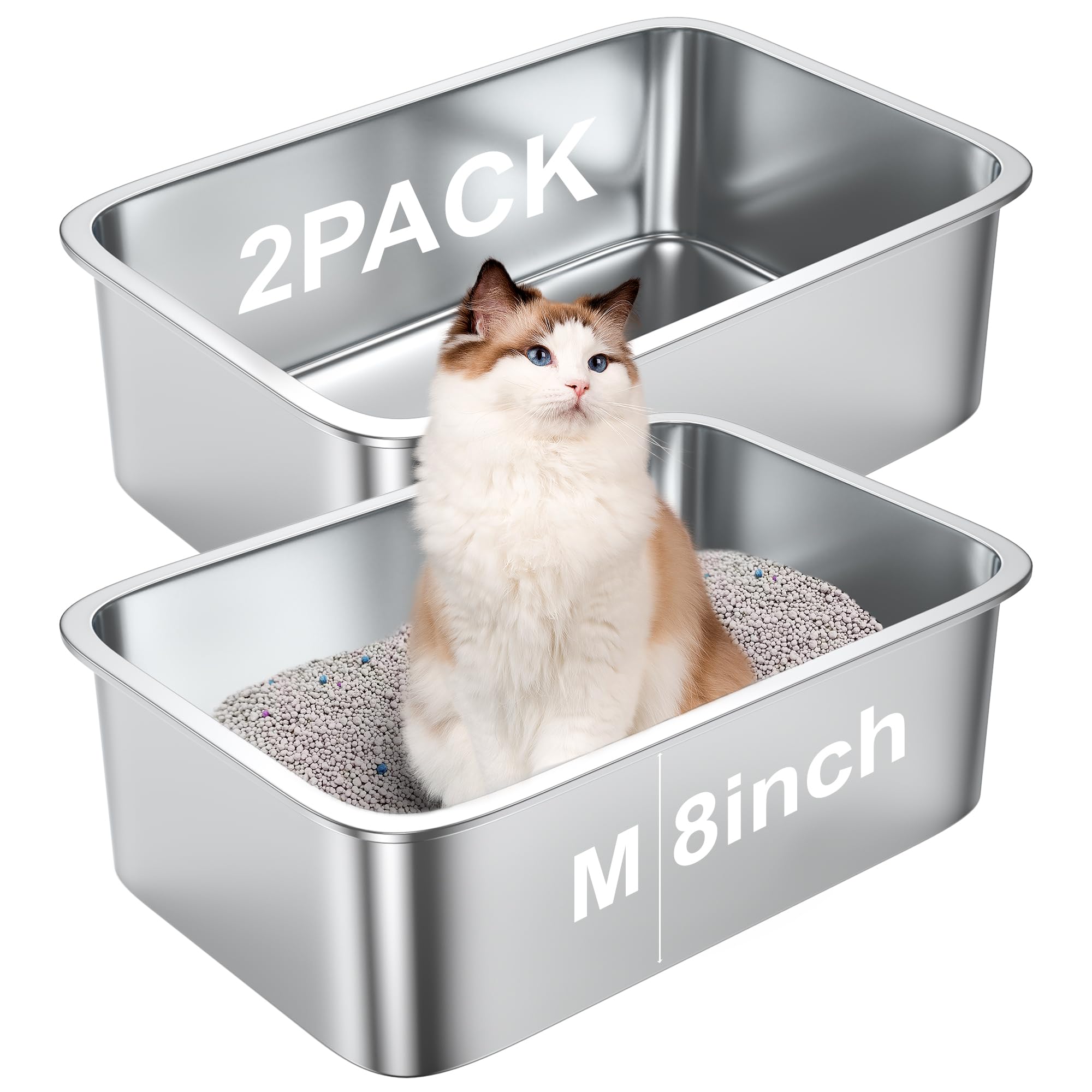 2 Pack 8'' Deep Large Litter Box Stainless Steel Metal Cat Litter Box Easy To Clean,Non-Stick,Suitable For Indoor And Outdoor Pe