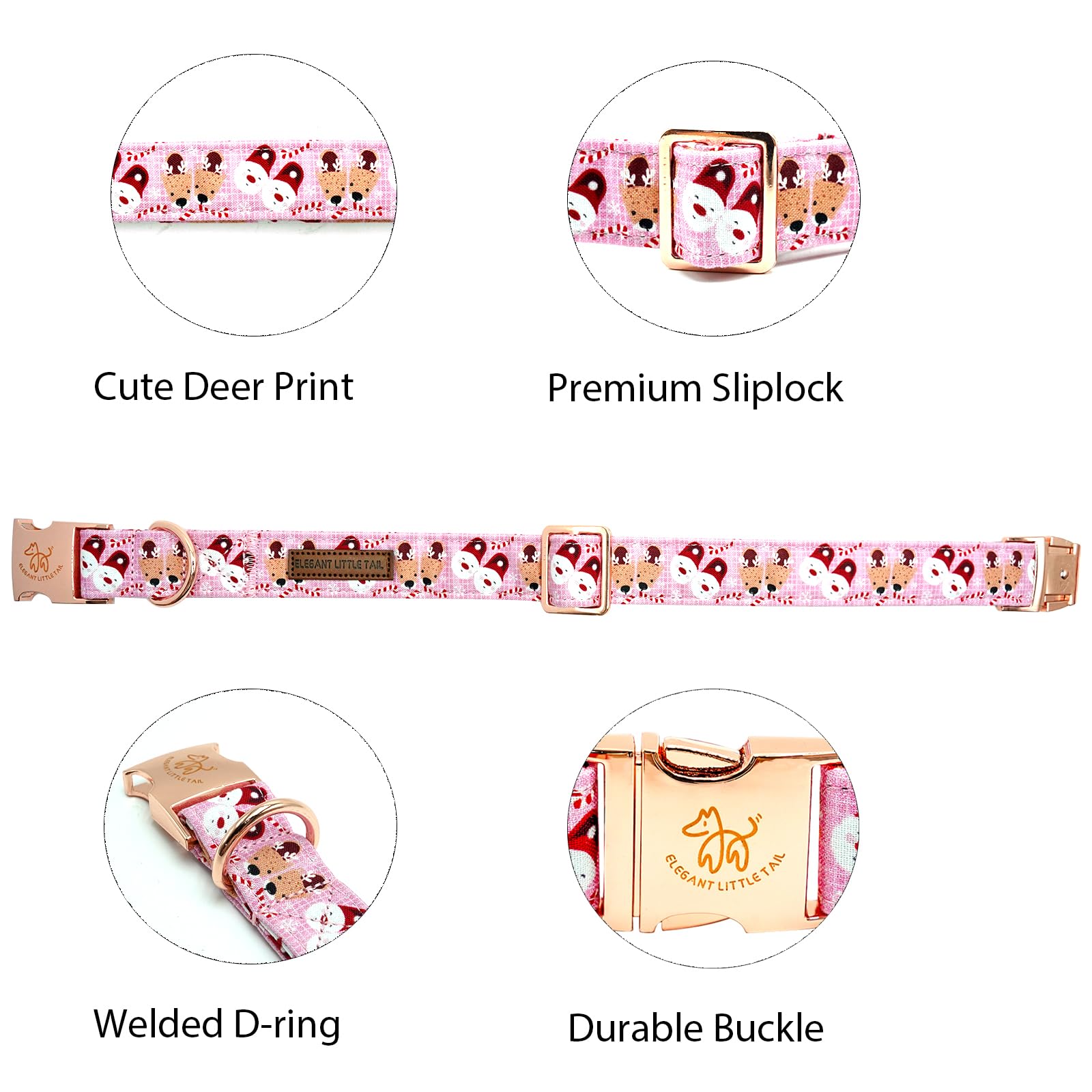 Elegant Little Tail Christmas Dog Collar, Pink Deer Print Pet Collar Dog Durable Cute Dog Collars Winter Holiday Male Or Female