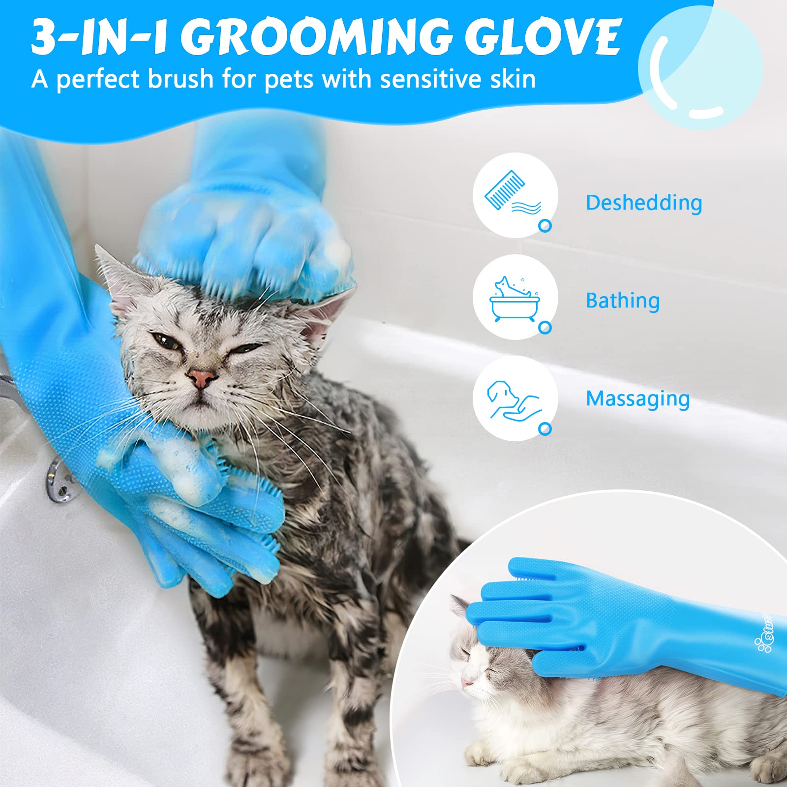 Pecute Pet Grooming Gloves, Heat Resistant Cat Bathing Gloves With High-Density Teeth, Silicone Dog Bathing Gloves With Enhanced Five Finger Design, Bathing And Massaging For Dogs And Cats Blue