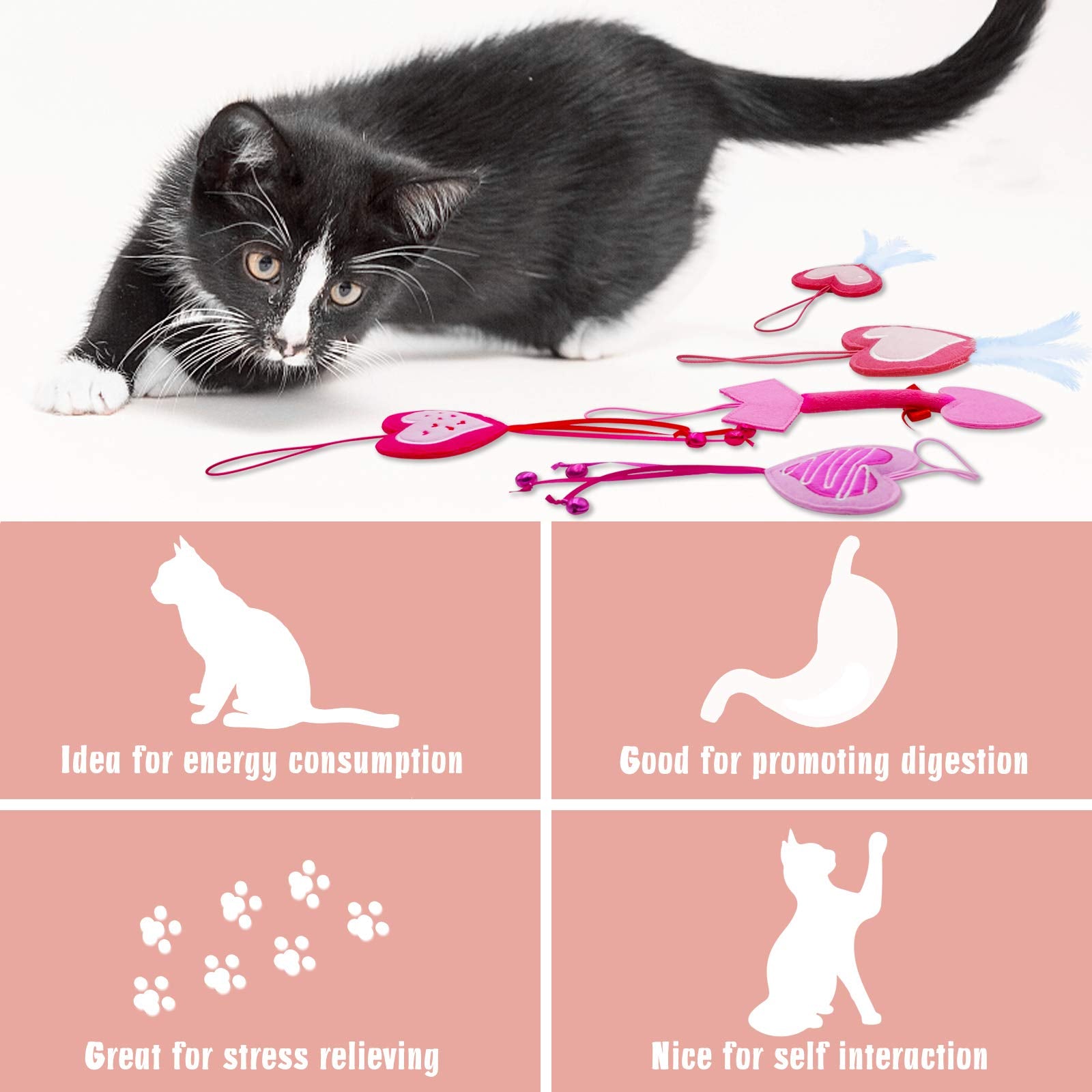 Lepawit Valentine'S Day Cat Toys, 5 Pack Catnip Toys With Feather And Bells, Hanging Cats Teaser Toys, Valentines Day Gifts For