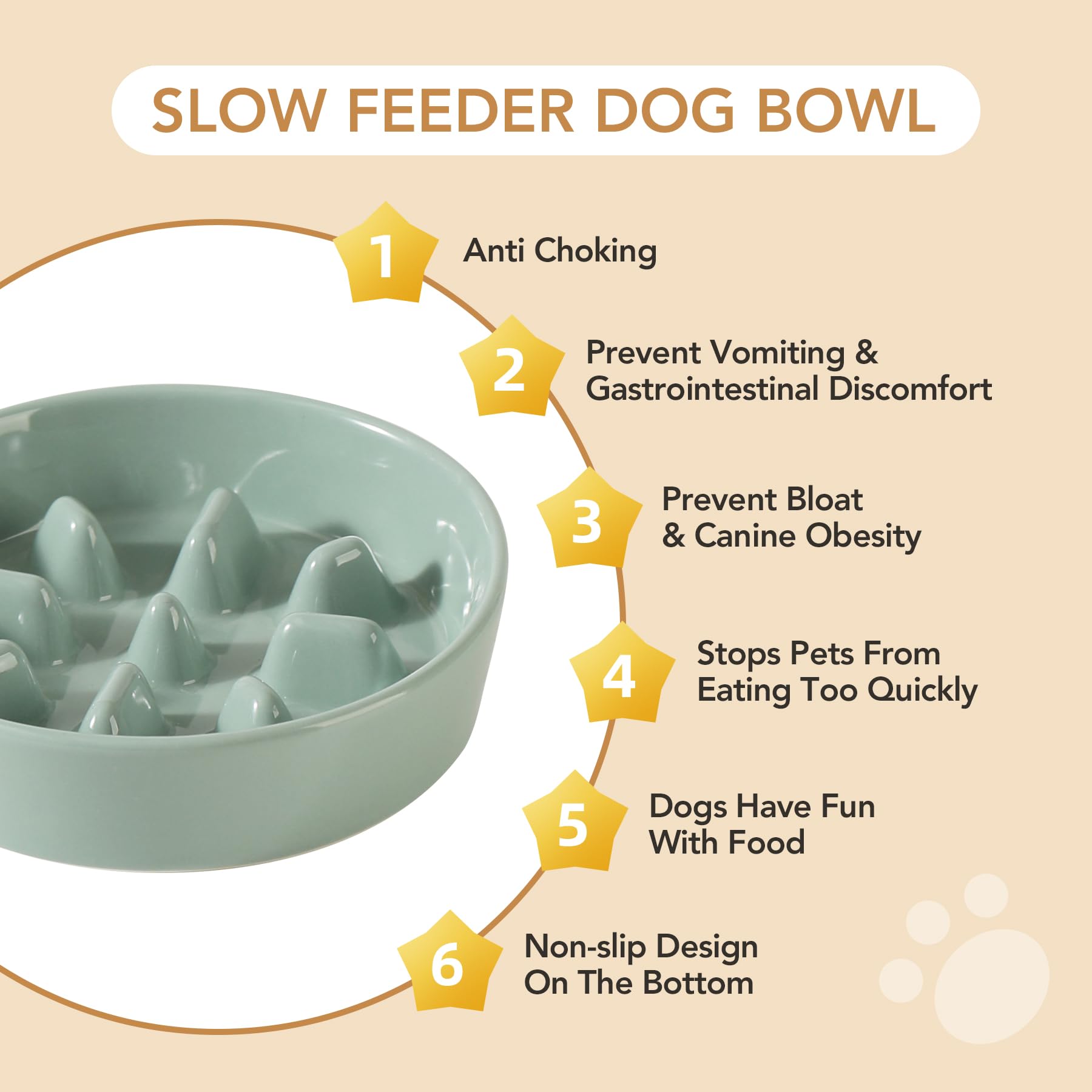 Havniva Ceramic 0.9 Cup Dog Bowl Slow Feeder, 6.1inch Slow Pet Food Dish for Small Dog and Cat, Stop Bloat, Preventing Choking(S