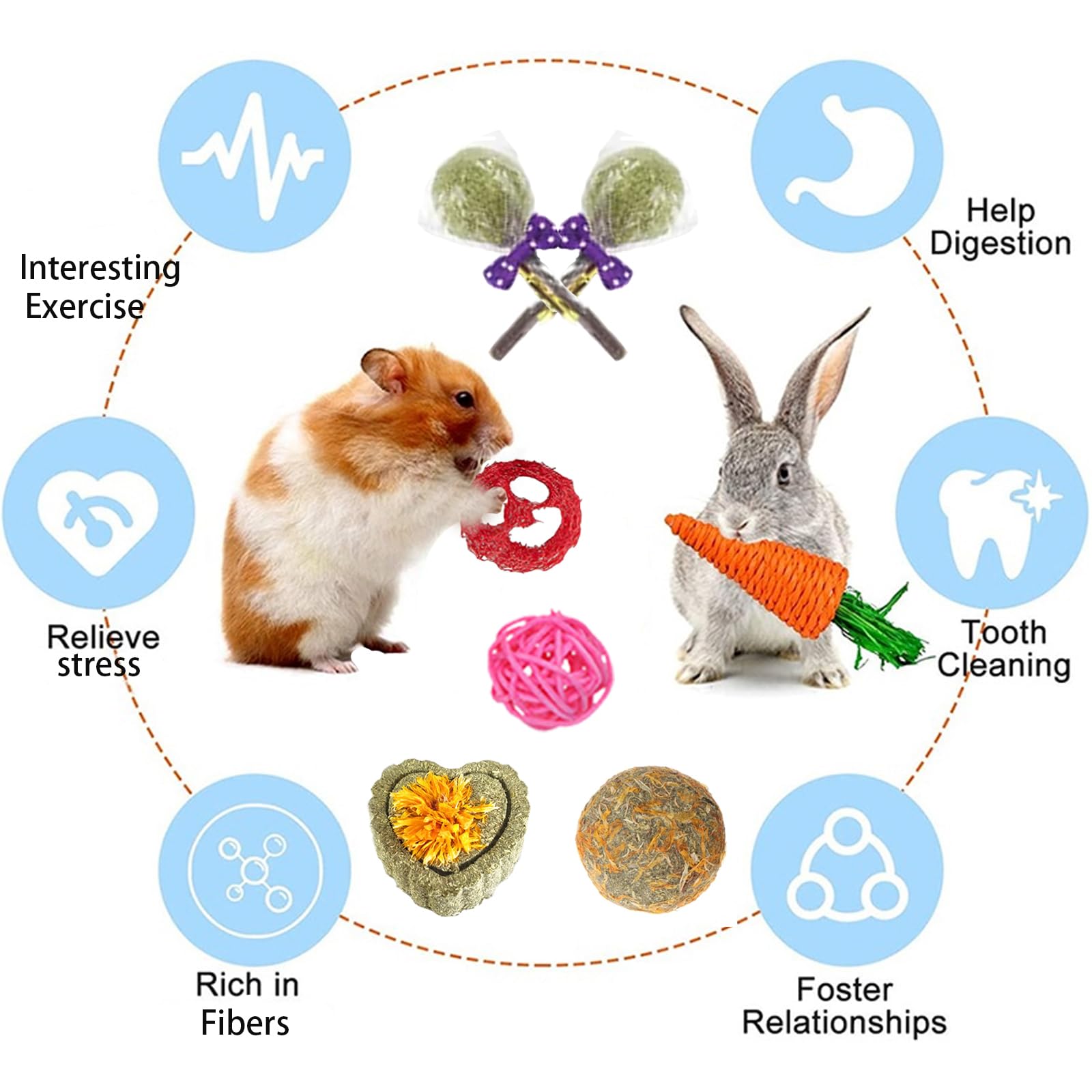 Grddaef 18 Pcs Bunny Toys, Rabbit Toys Guinea Pig Toys Natural Apple Wood Grass Timothy Sticks Chew And Treat For Guinea Pigs Hamster Chinchillas