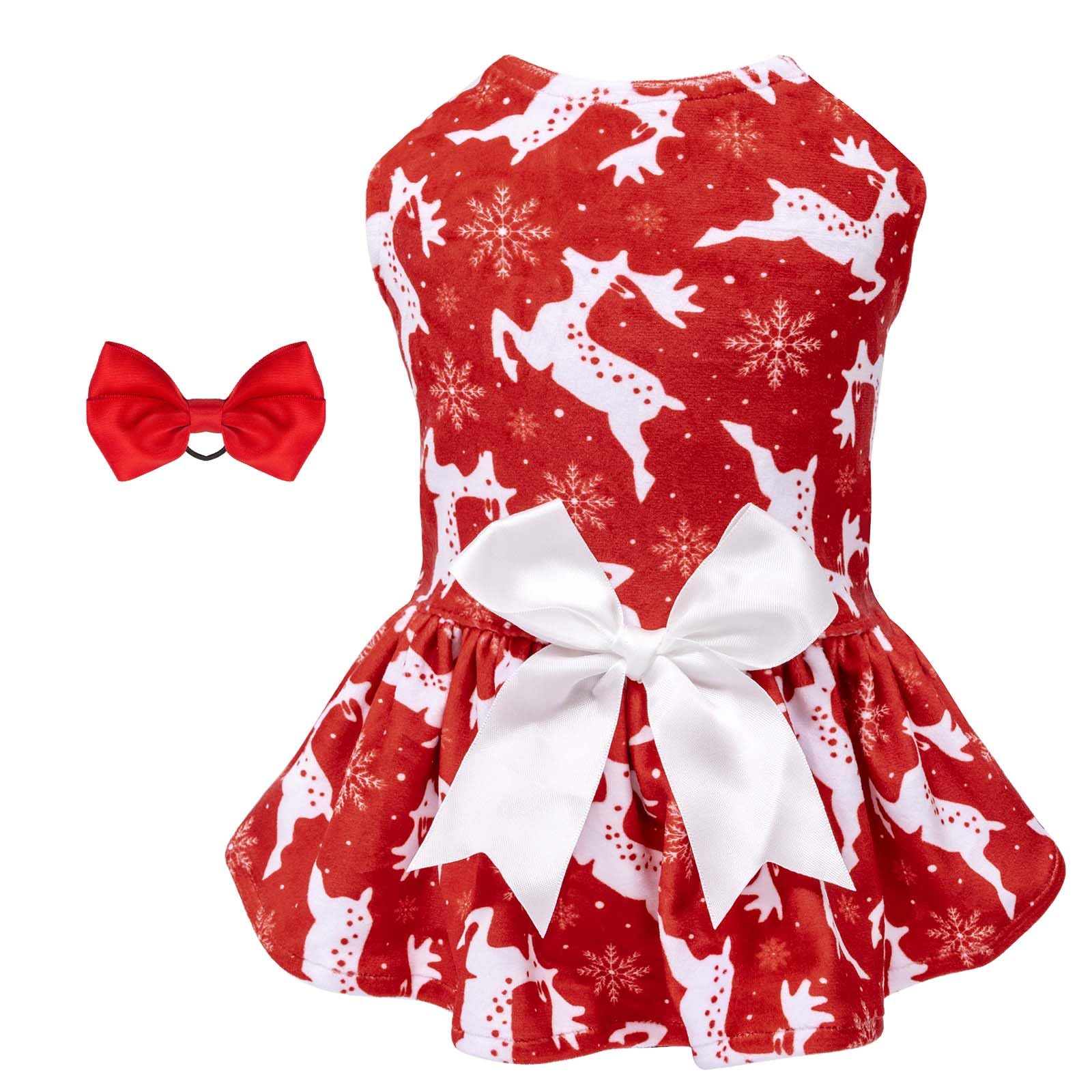 Cutebone Dog Christmas Dresses Outfit Velvet Holiday Small Dogs Clothes Onesie Pet Apparel Girl Puppy Skirt With Bow Hair Rope C
