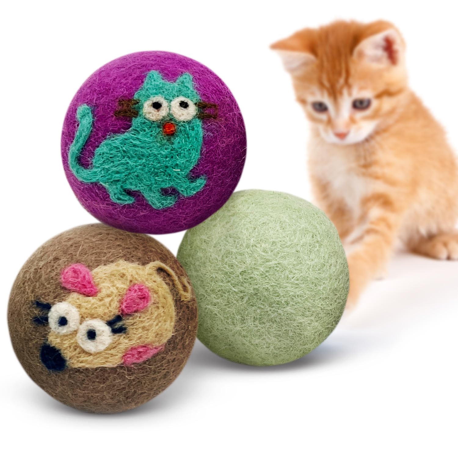 Hustle & Blush Love Ewe Felted Cat Toys 3 Pack - 2 Inch Cat & Mouse Hand Made Cute & Fun Design Kitten Wool Felt Balls for Indoo