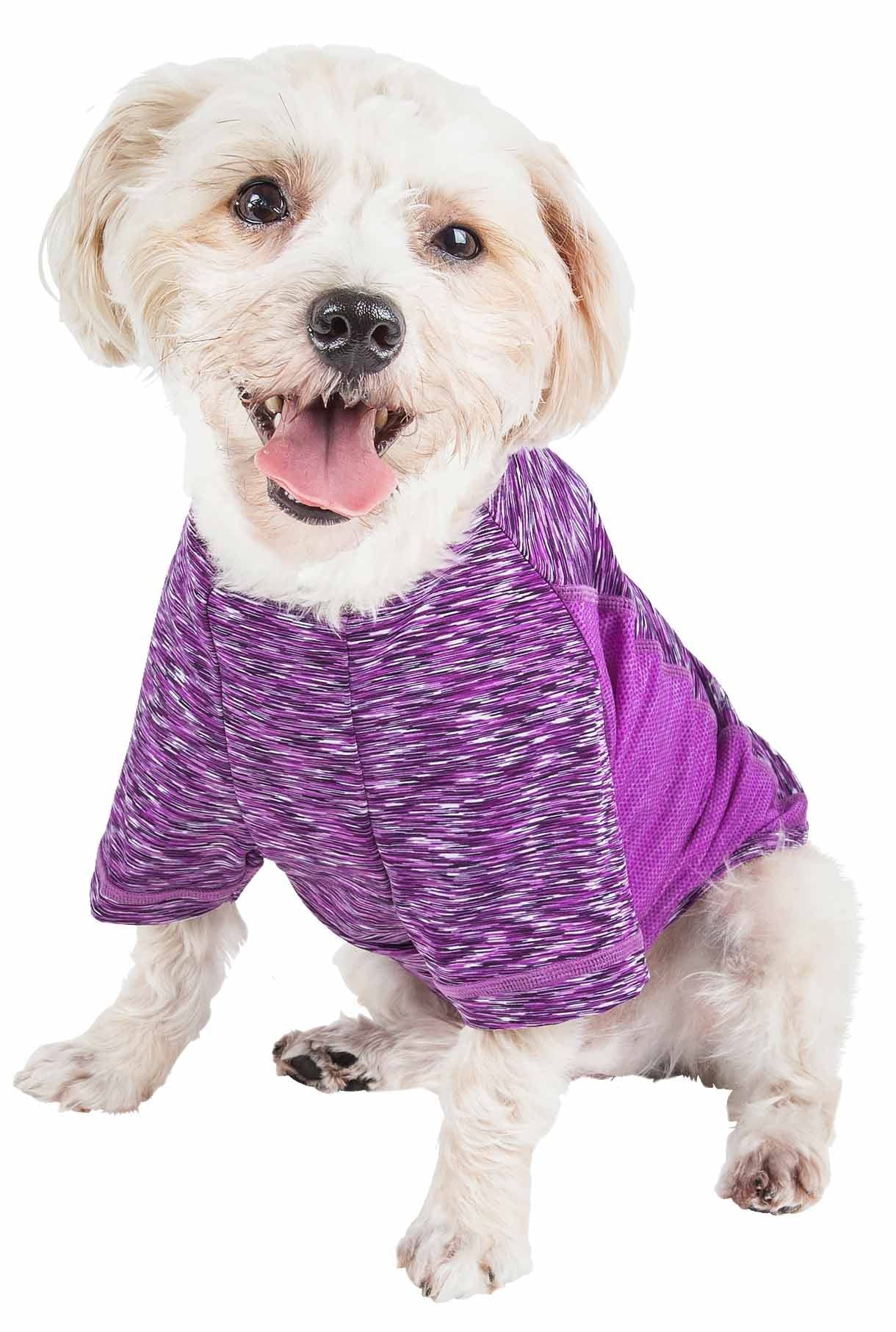 Pet Life  Active 'Warf Speed' Heathred Dog Fitness and Yoga Pet T-Shirt Dog Clothes - Performance Dog T-Shirt with 4-Way-Stretch