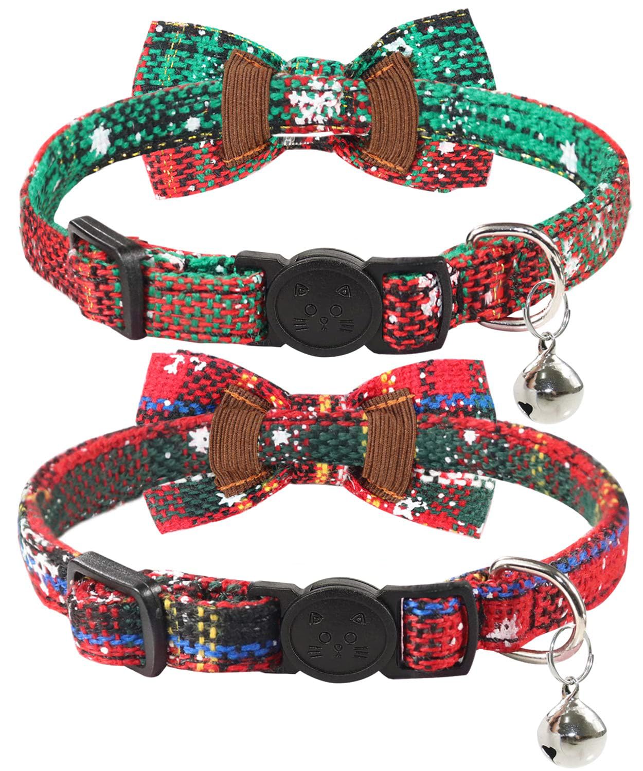 Joytale Upgraded Christmas Cat Collar With Bells, Breakaway Cat Collars With Bow Tie, 2 Pack Girl Boy Safety Plaid Kitten Collar