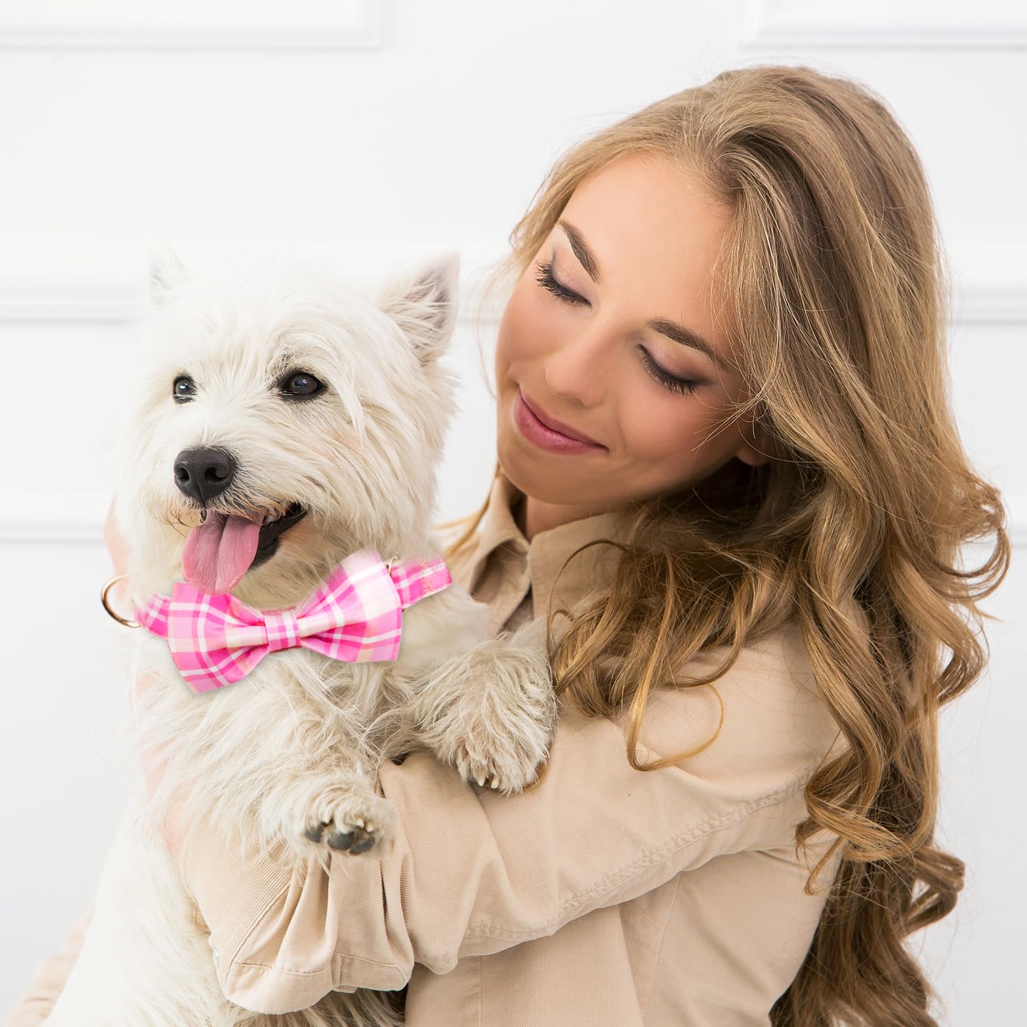Tunkoo Dog Collar Super Cute Pink Plaid With Bow Tie - Durable Adjustable And Stylish Cotton Pet Collar For Girls Small Medium L