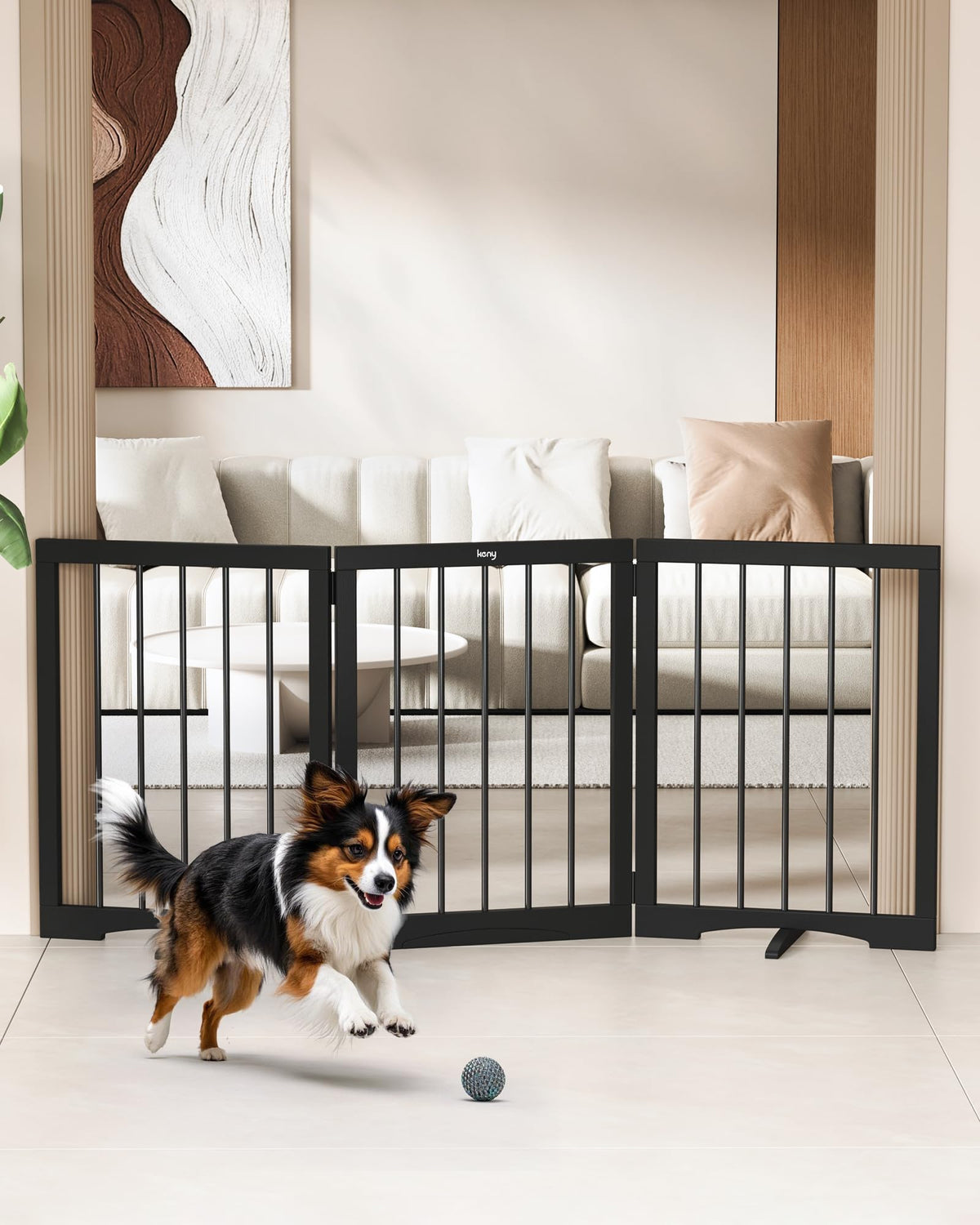 Keny Dog Gate Indoor, 3 Panel Freestanding Dog Gates With Support Feet For Stairs, Pet Gates For Doorways Hallways, Foldable Pet