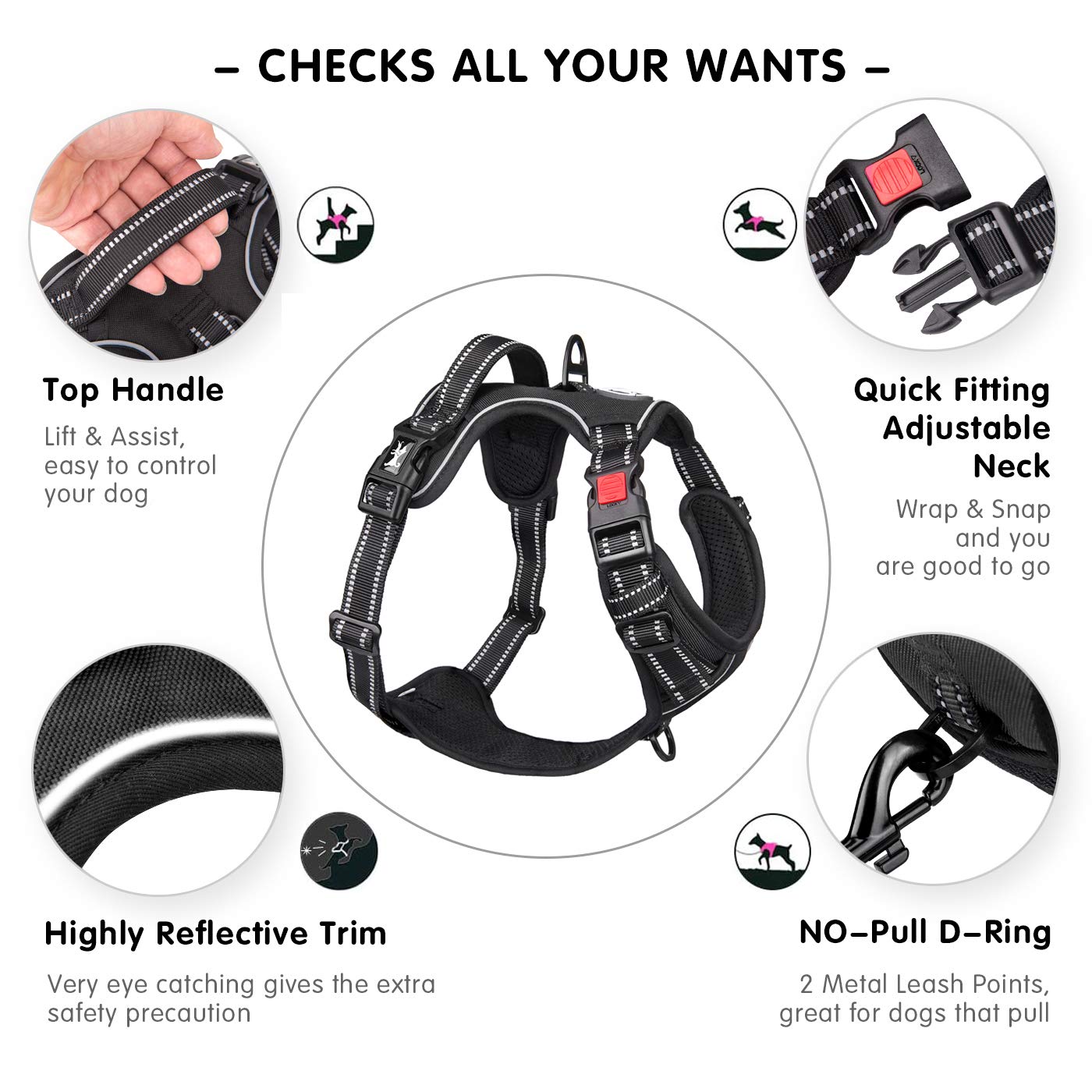 Poypet Dog Harness No Pull, Reflective Vest Harness With Front & Back 2 Clips And Easy Control Handle For Small Medium Large Dog