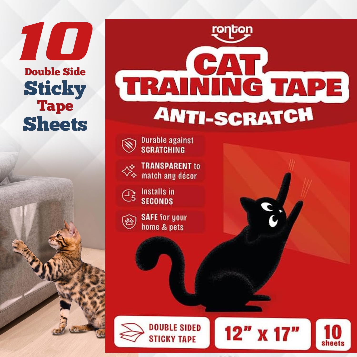 Ronton Anti Cat Scratch Deterrent Sheets - Anti Cat Scratch For Furniture | 100% Transparent - Double Sided Cat Training Tape | 