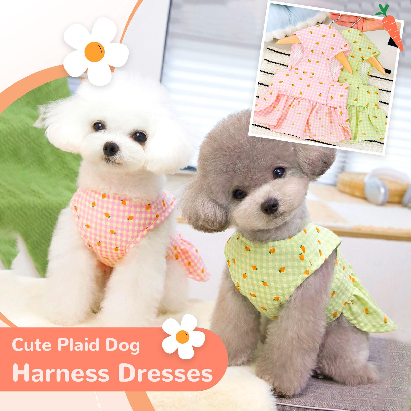 Xgdmeil Cute Floral Small Dog Dress With D-Ring Plaid Princess Girl Dog Harness Dress Spring Summer Breathable Pet Puppy Clothes