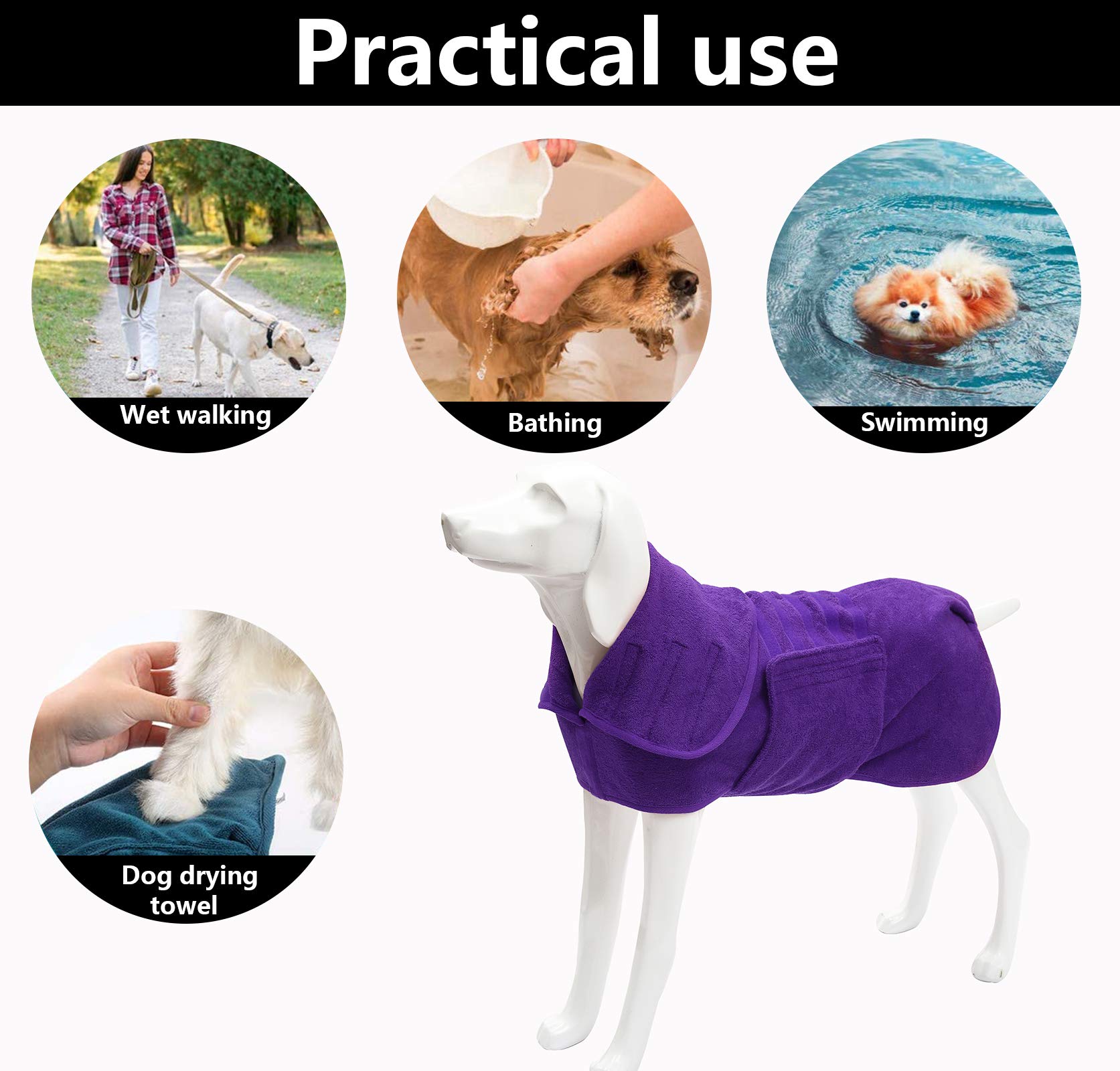 Geyecete Dog Drying Coat -Dry Fast Dog Bag - Dog Bathrobe Towel - Microfibre Fast Drying Super Absorbent Pet Dog Cat Bath Robe Towel,Luxuriously Soft-Purple-Xxl