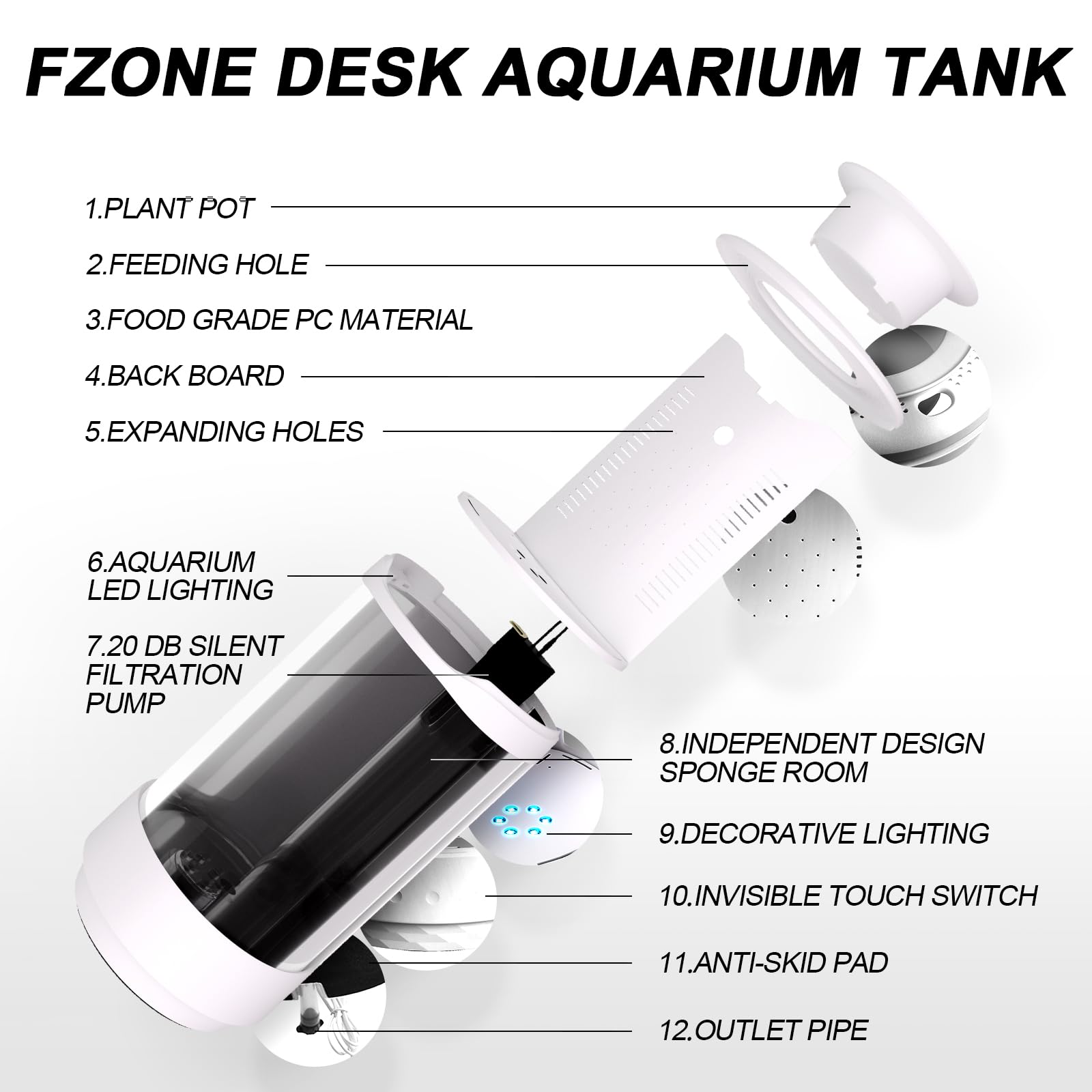 Fzone 1.2Gal Small Fish Tank With Plant Pot, All-In-One Desktop Aquarium Kit With Adjustable 4 Color Light Modes,20Db Filtration