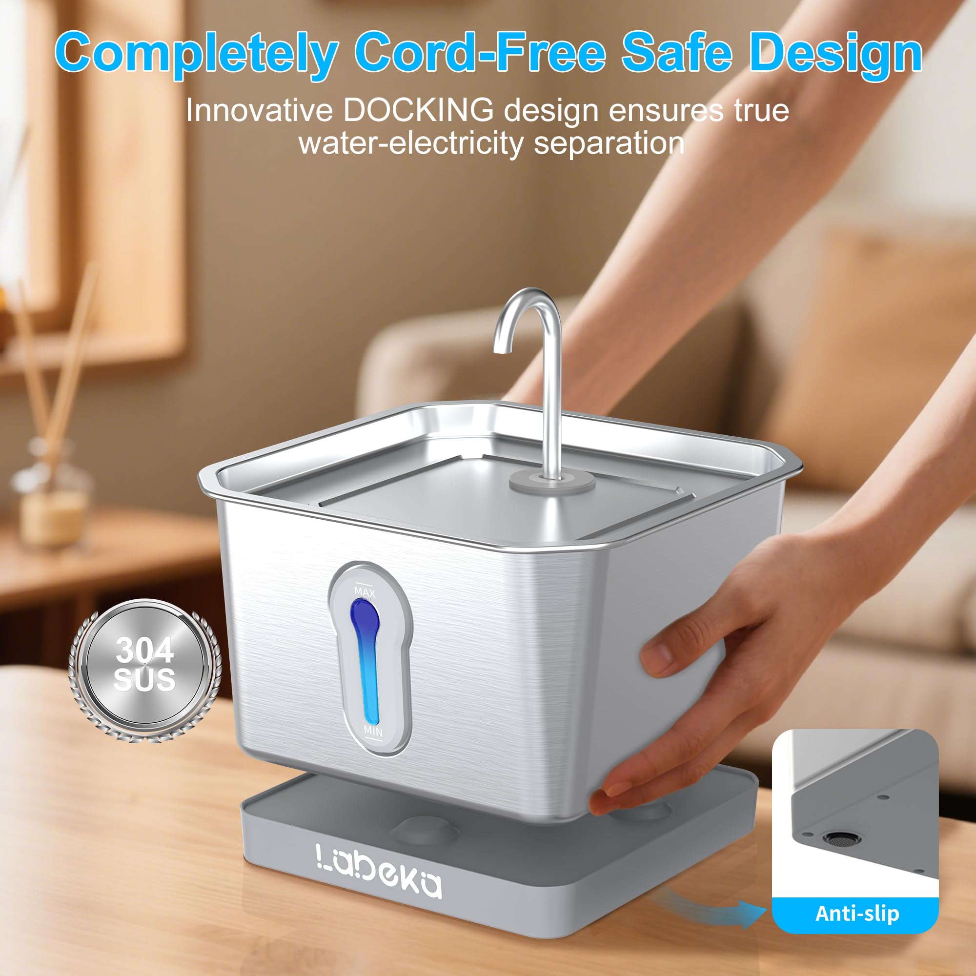 Labeka Wireless Cat Water Fountain Stainless Steel, 4L/135Oz Battery Operated Cat Fountain With Radar Sensor And Base, Automatic