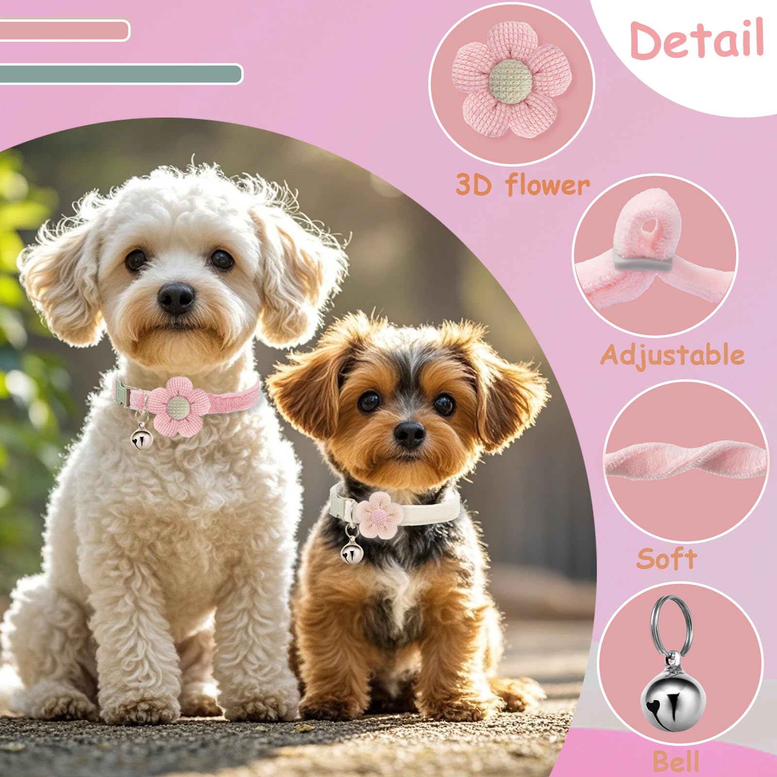 Puppy Collars, Small Dog Collars For Small Dogs With Bellxs Dog Collars For Girl Boy With Flower (White + Yellow + Pink)
