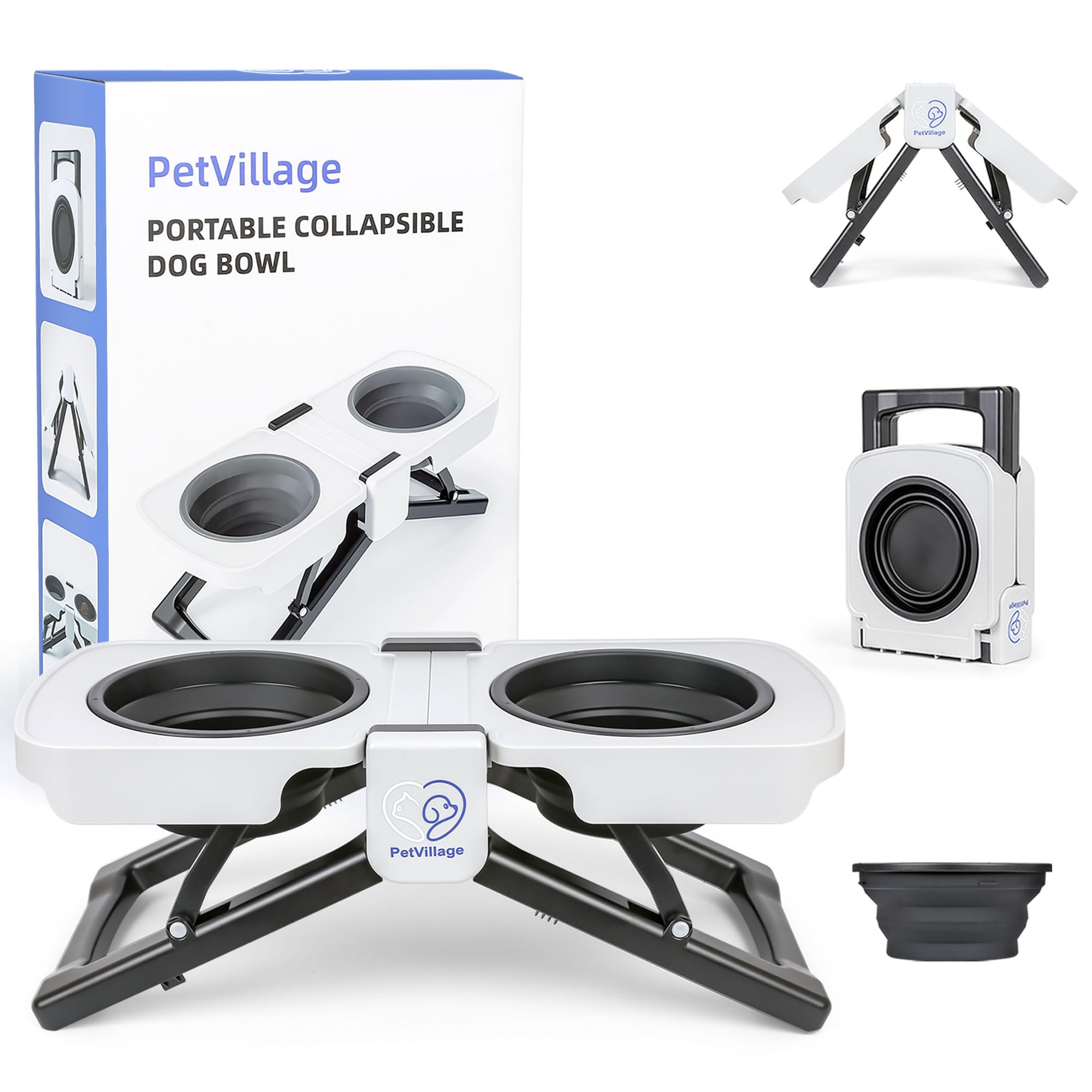 Portable Foldable Elevated Dog Bowls Stand With Dual Dishes, Compact Travel Pet Feeding Table For Dogs (5 Cups Capacity)-Lightwe