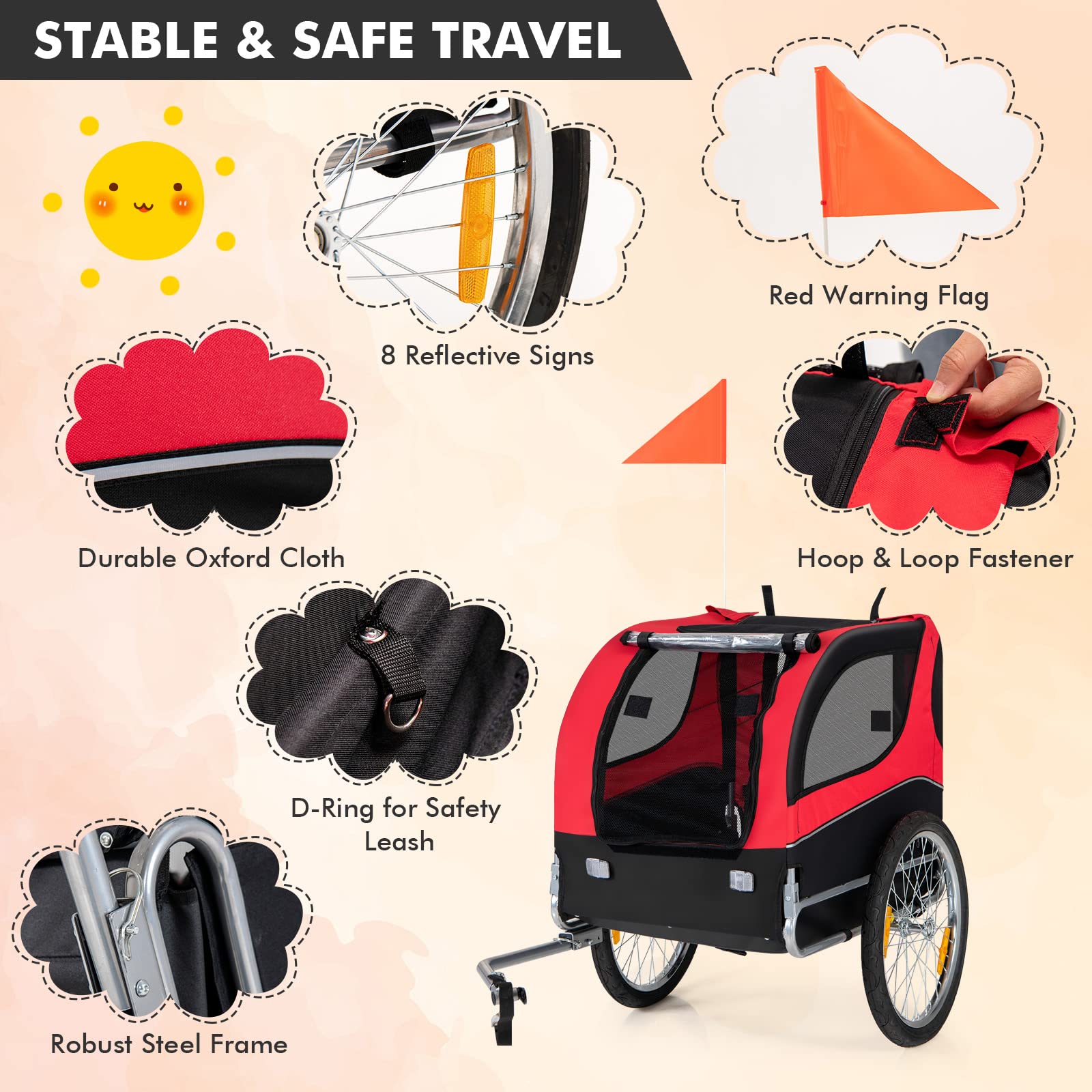 Tangkula Dog Bike Trailer, Breathable Mesh Dog Cart With 3 Entrances, Safety Flag, 8 Reflectors, Folding Pet Carrier Wagon With 20 Inch Wheels, Bicycle Carrier For Medium And Small Sized Dogs (Red)