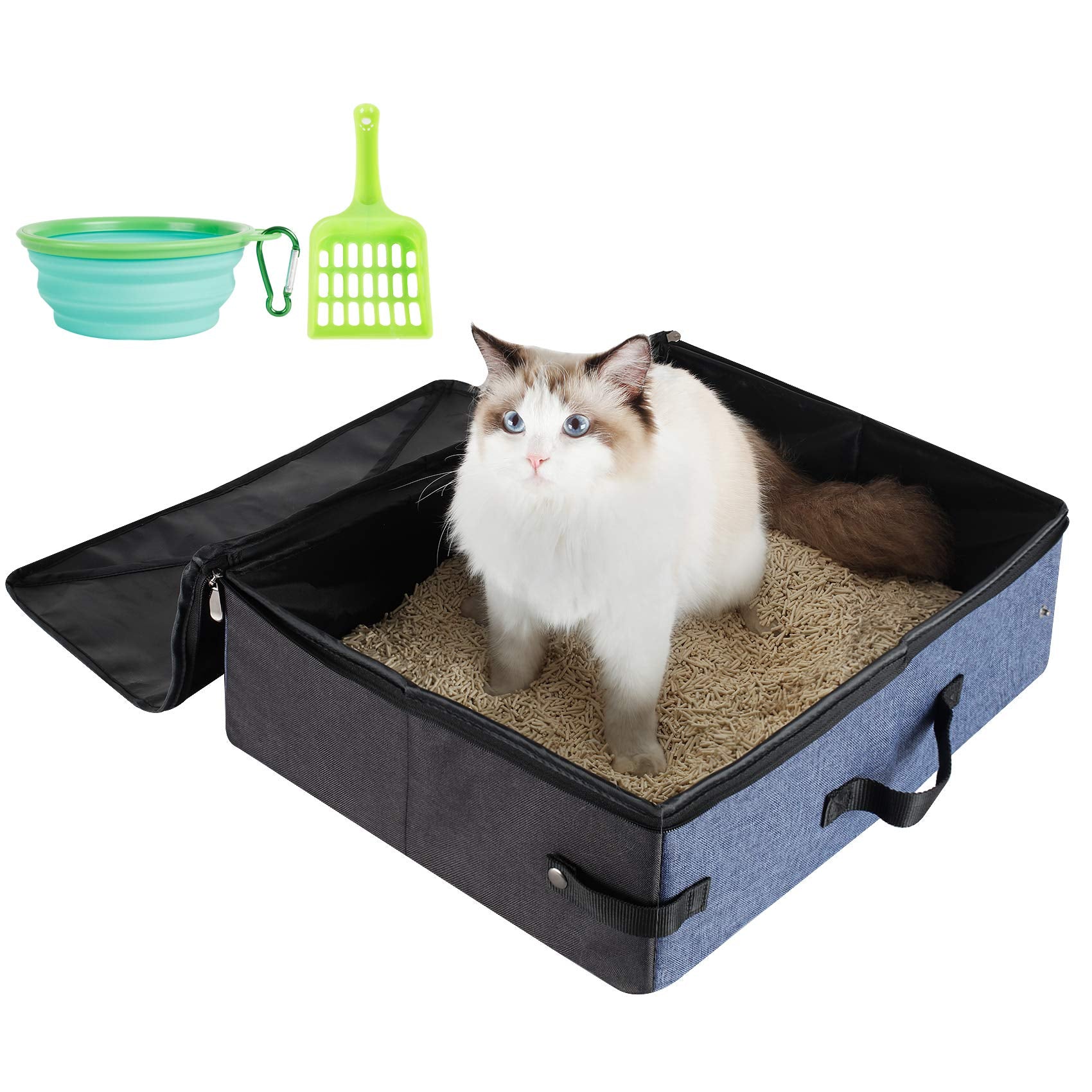 Hicaptain Portable Litter Box For Cats For Travel, Flodable Cat Travel Litter Box With Lid And Handle Standard Collapsible Litte