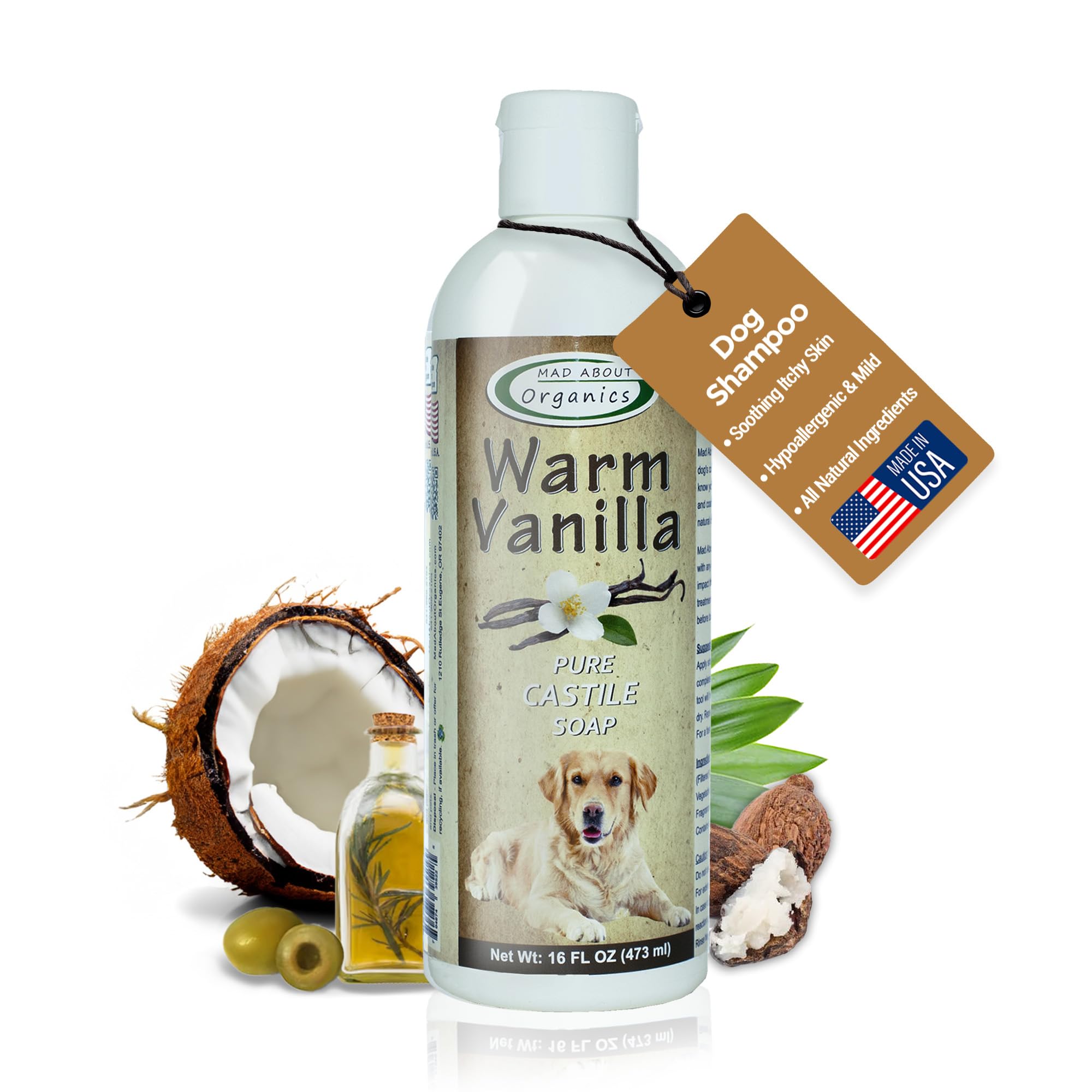 Mad About Organics Warm Vanilla Dog Shampoo - Gentle Castile Soap For All Coat Types, Mild And Enriching Hydrating Formula For D