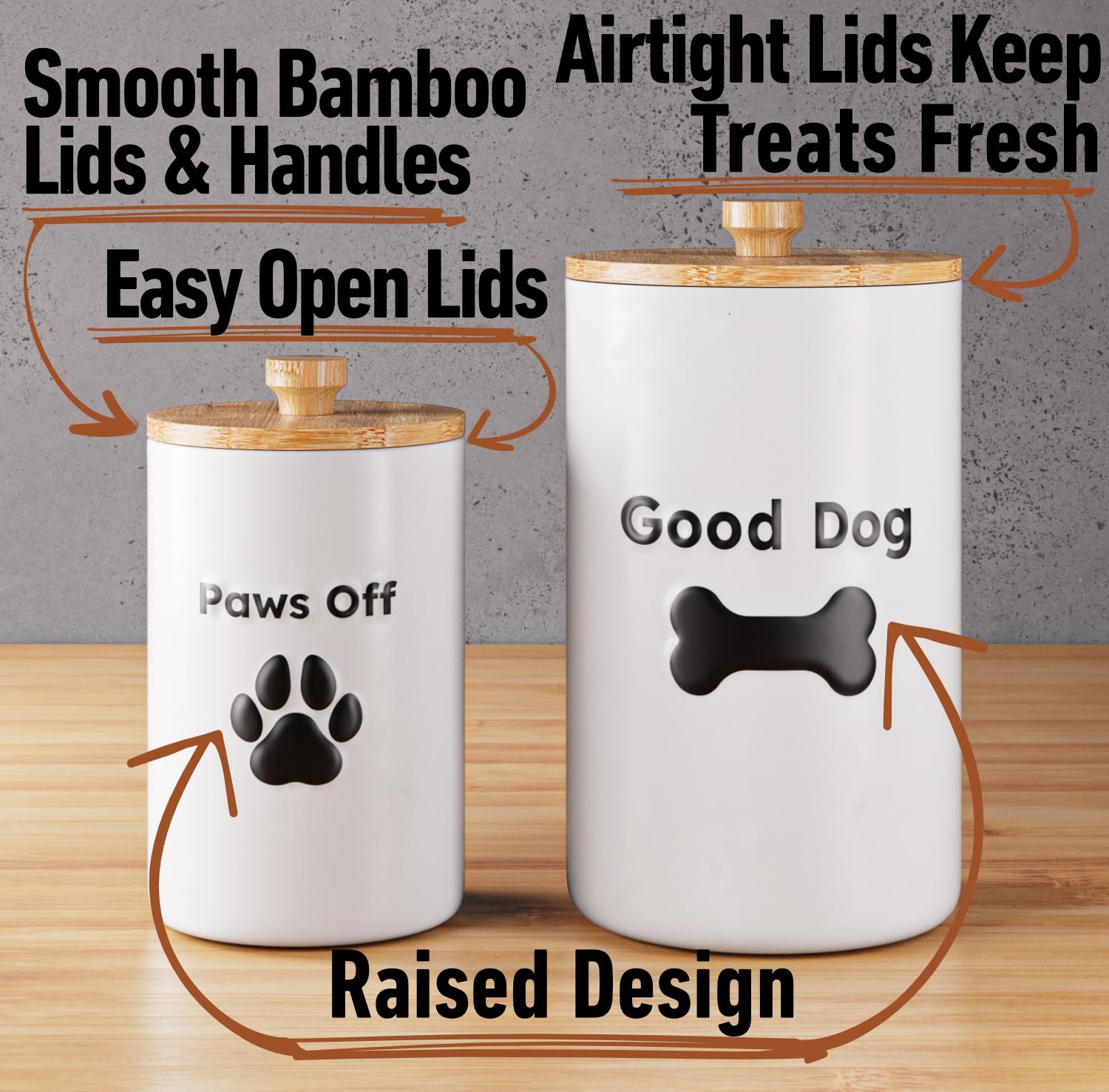 Dog Treat Container Airtight Set of 2 - 9x5 & 7x4 inch Ceramic Dog Treat Jars for Kitchen Counter with Airtight Lids - 11 Cup Ca