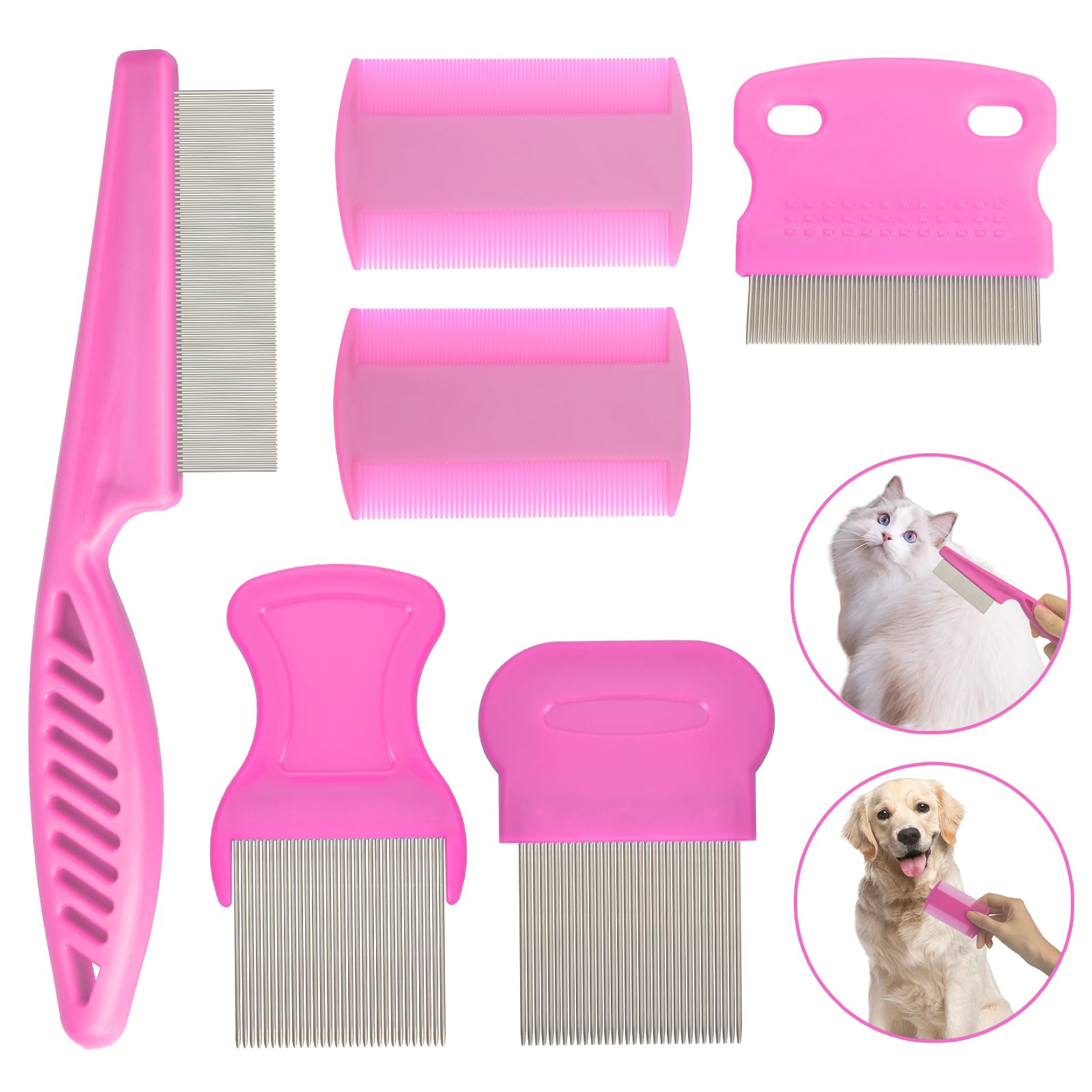 Flea Comb Set For Cats & Dogs - 6 Pack Pet Grooming For Small, Medium & Large Pets (Pink)