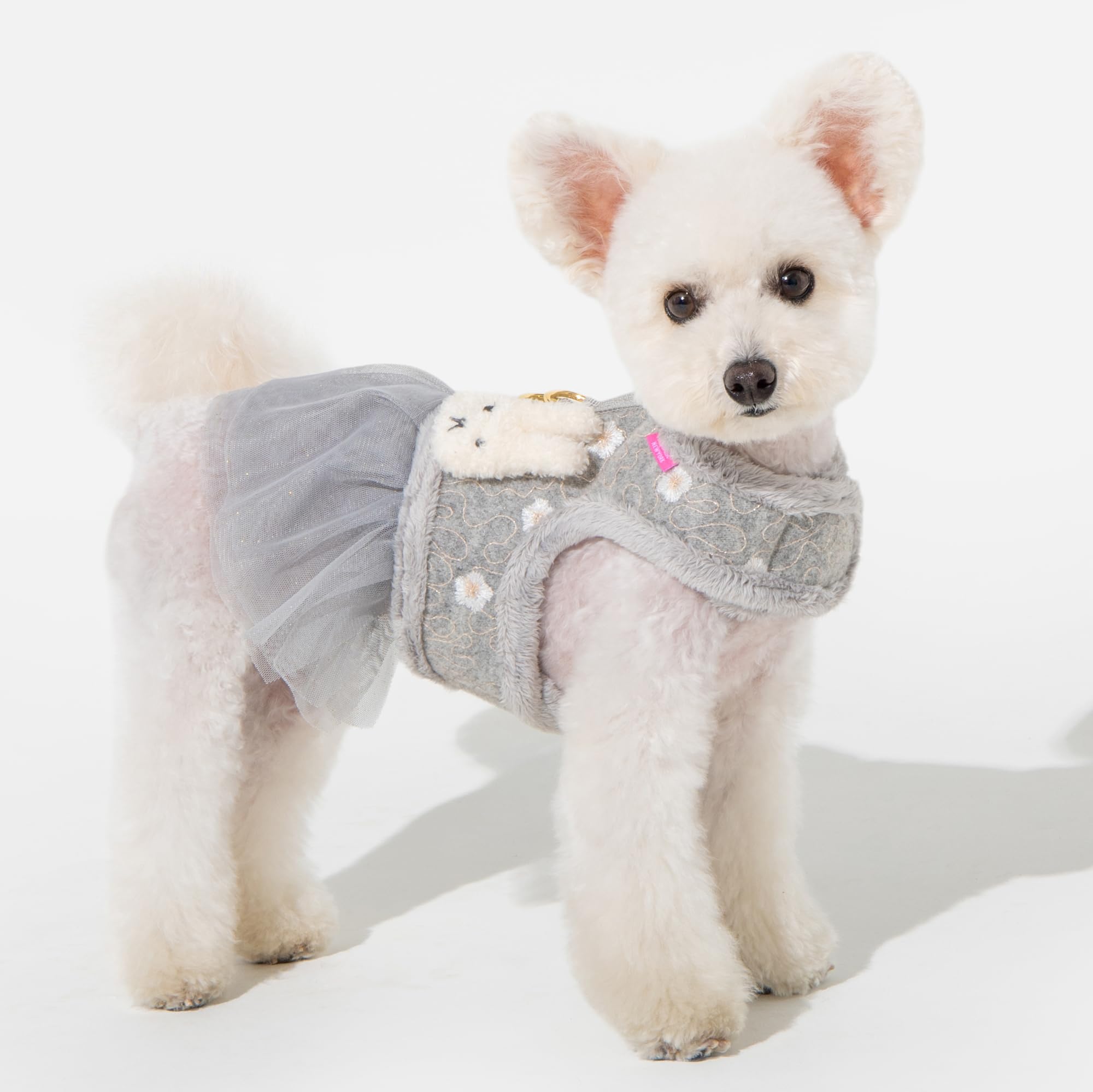 Pinkaholic New York Lidia Dress Dog Harness Warm Winter Flower Pattern for Small Dog, Light Grey, Medium
