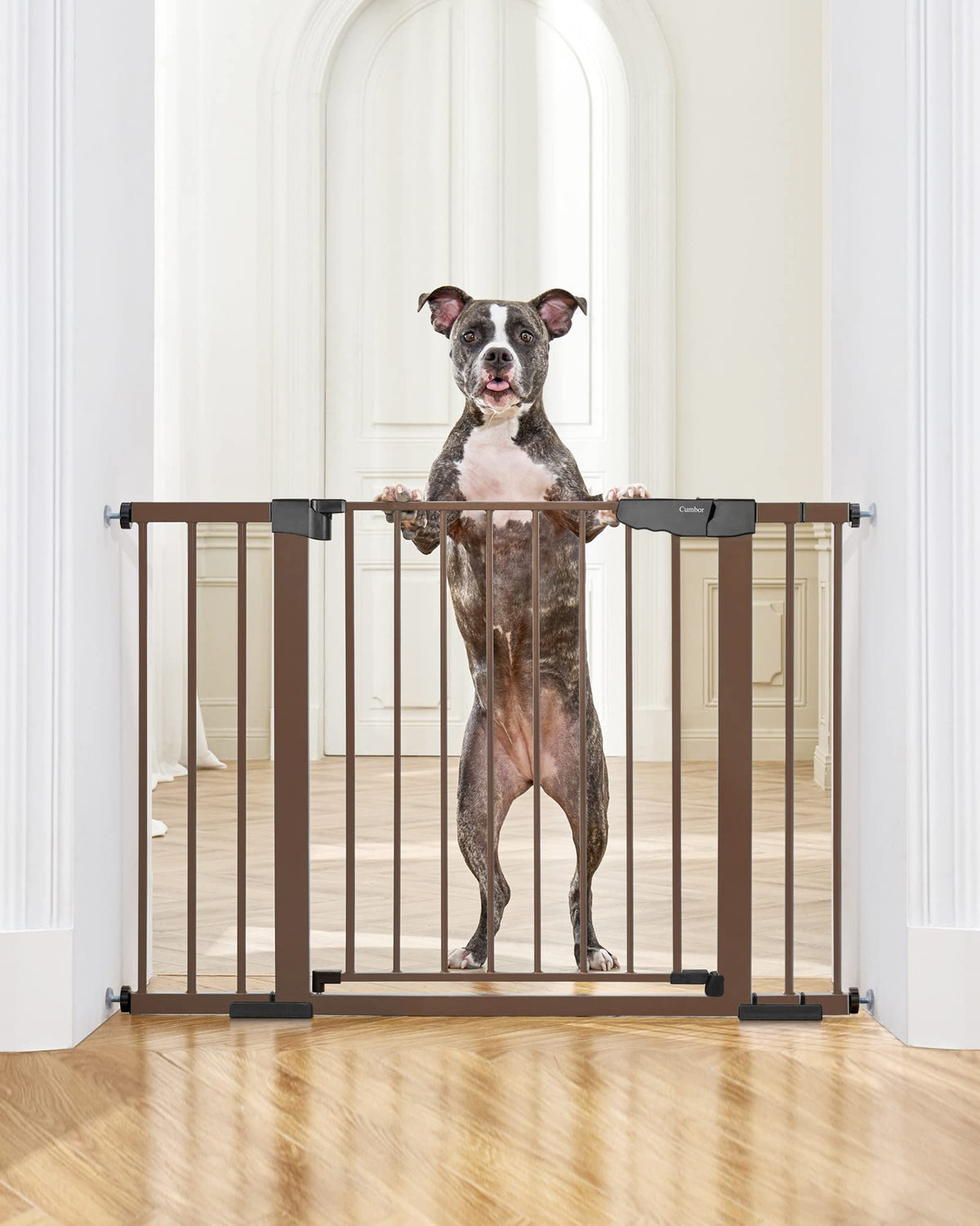 Cumbor 29.7-46' Baby Gate For Stairs, Mom'S Choice Awards Winner-Auto Close Dog Gate For The House, Easy Install Pressure Mounted Pet Gates For Doorways, Easy Walk Thru Wide Safety Gate For Dog, Brown