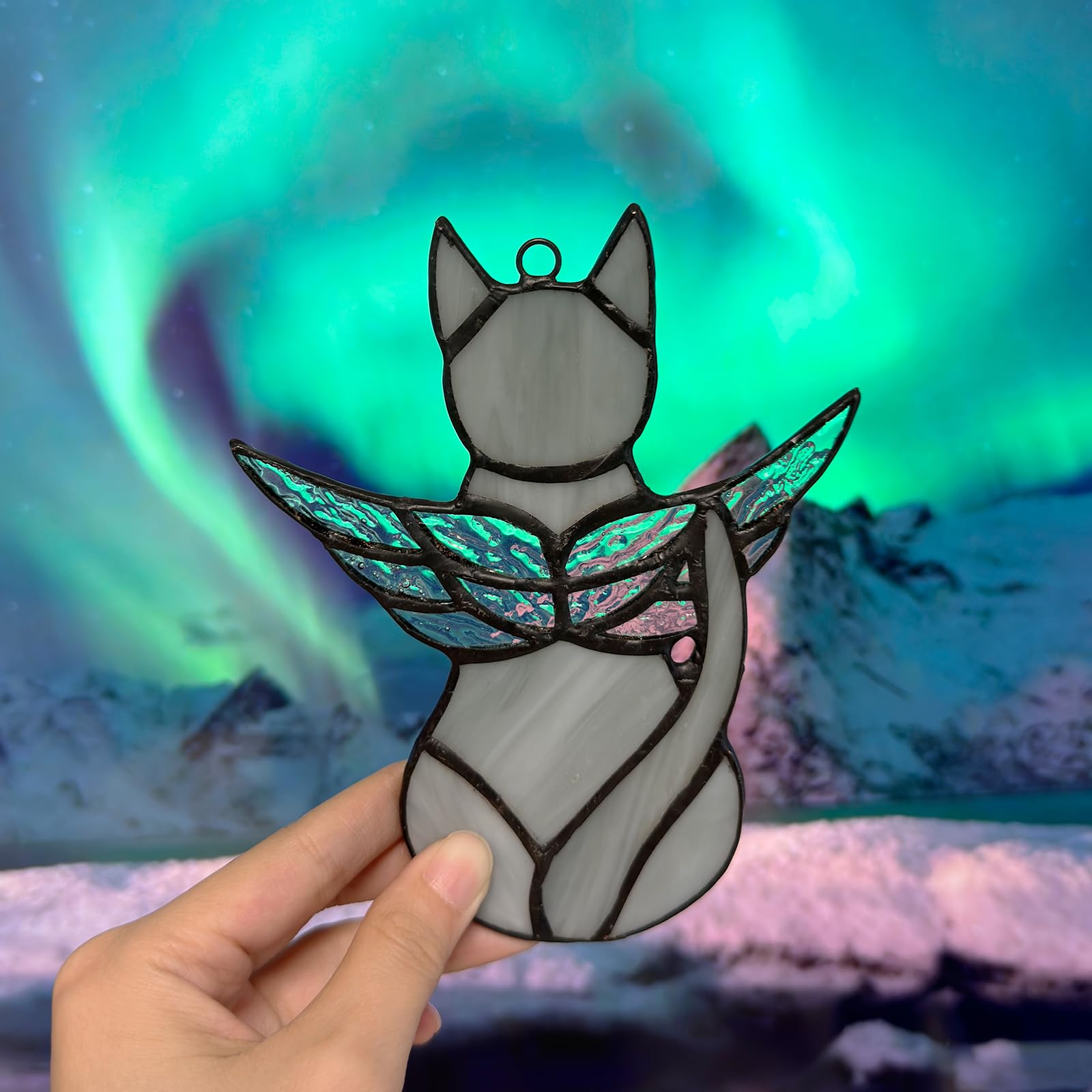Fluffycaptain Handcrafted Stained Glass Grey Angel Cat Suncatcher - Pet Memorial Gift With Colorful Wings, Cat Lovers Sympathy G