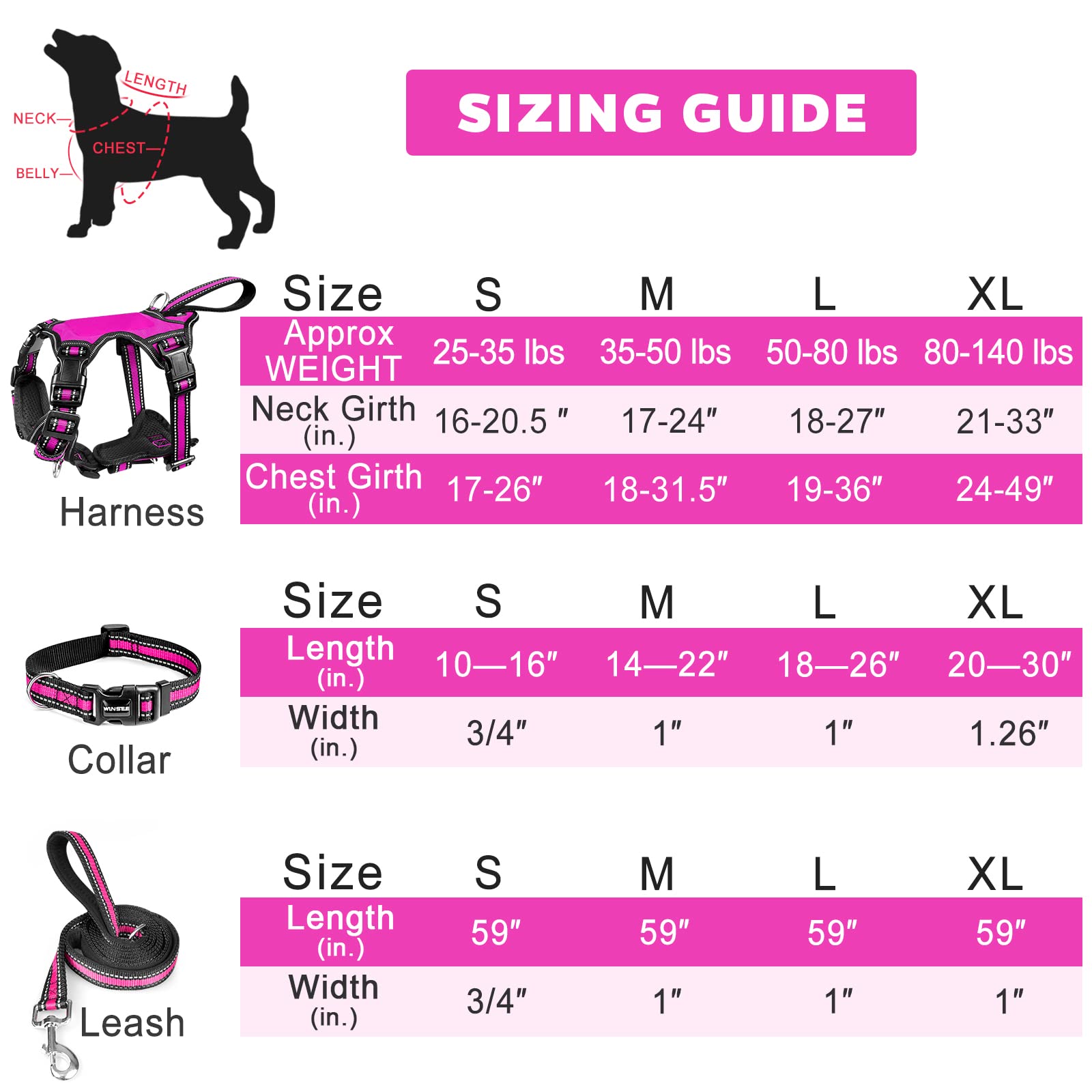 Winsee Pet Harness Collar And Leash Set, All-In-One Reflective Dog Harness No Pull With Adjustable Buckles For Puppies, Small, Medium, Large, And Extra-Large Dogs (Large, Rosy)