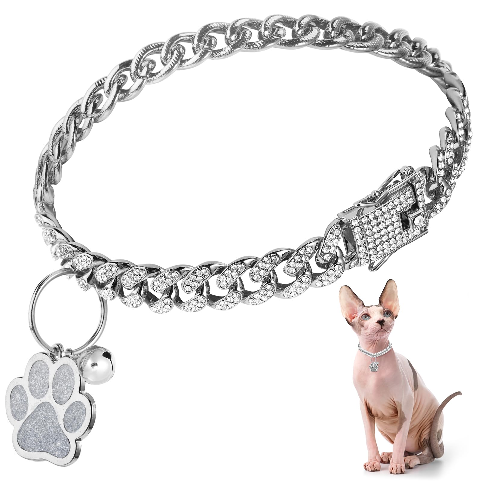 Hillban Cat Collar Diamond Chain Glitter Collar Walking Metal With Secure Buckle Cat Pet Necklace With Paw Charm And Id Tag Bell