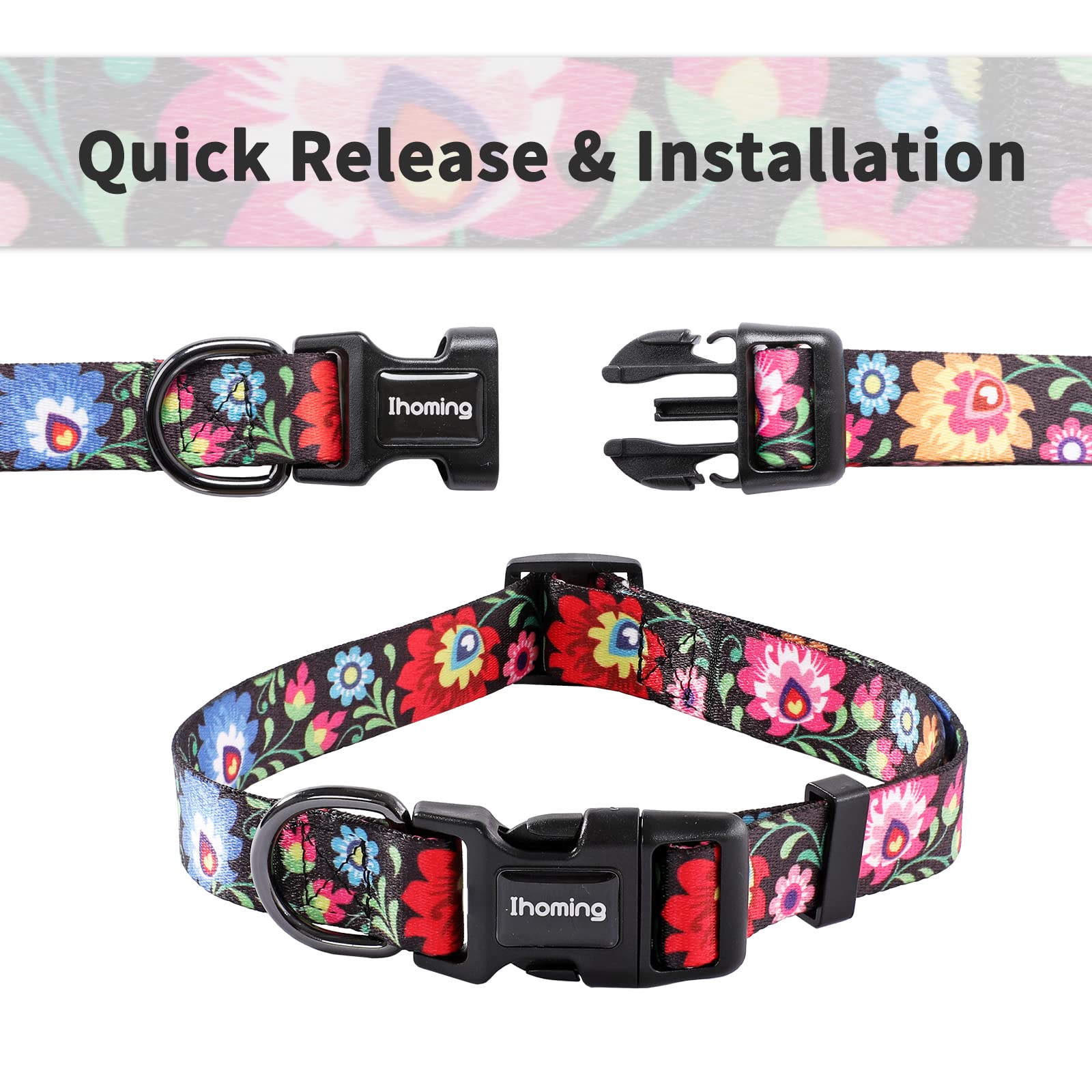 Ihoming Dog Collar and Leash Set for Daily Outdoor Walking Running Training, Black Colorful Flowers Design for Large Boys Girls