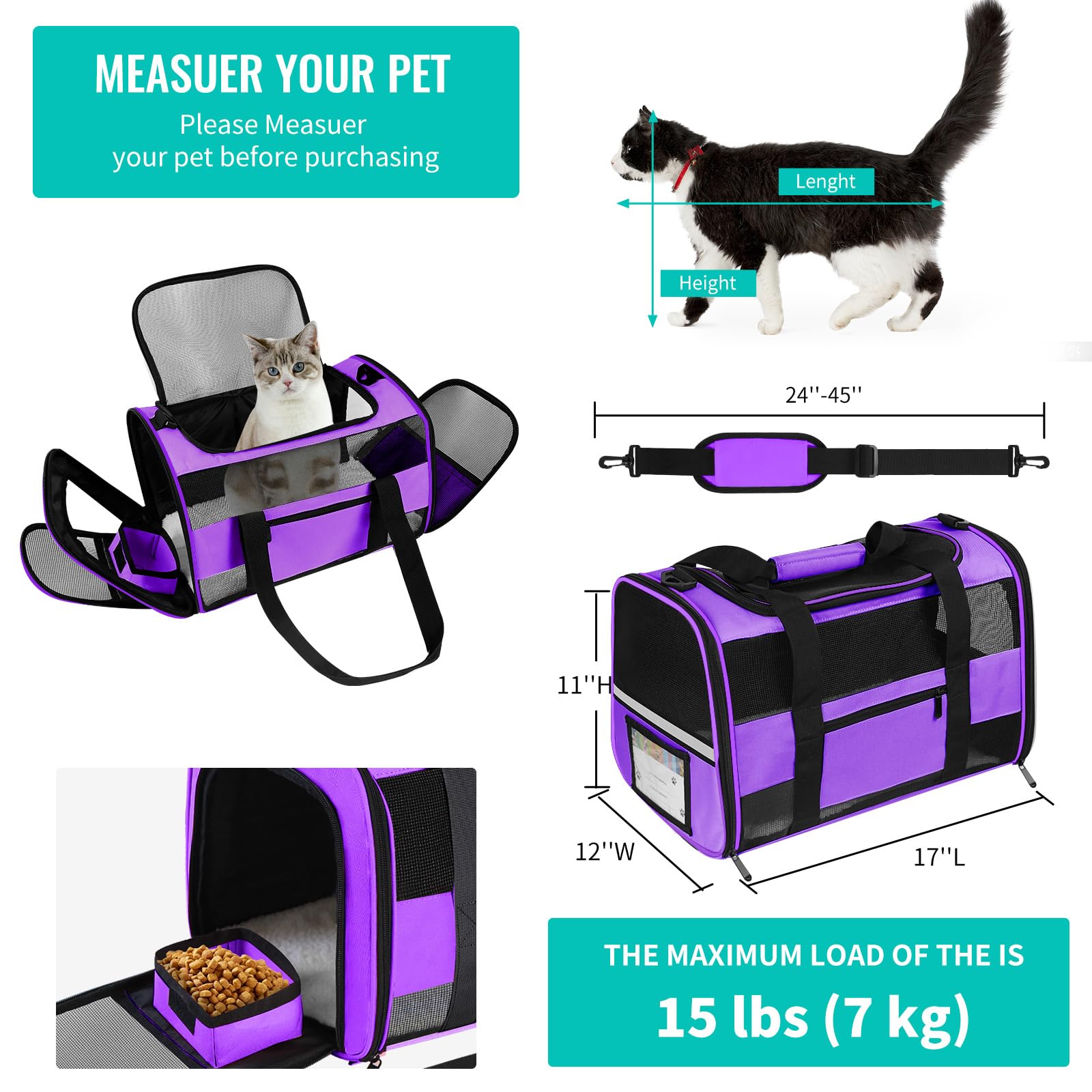 Cussiou Cat Carrier Dog Carriers Airline Approved Pet Carrier For Small Dogs Cats Under 15 Lbs, Collapsible Soft Sided Travel Ca